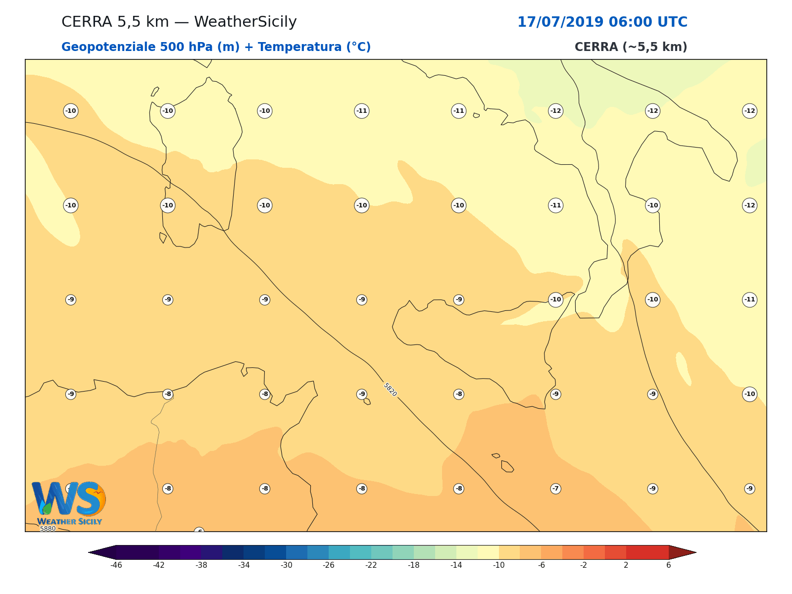 Geopotenziale 500 hPa + Temperatura · 2019071706