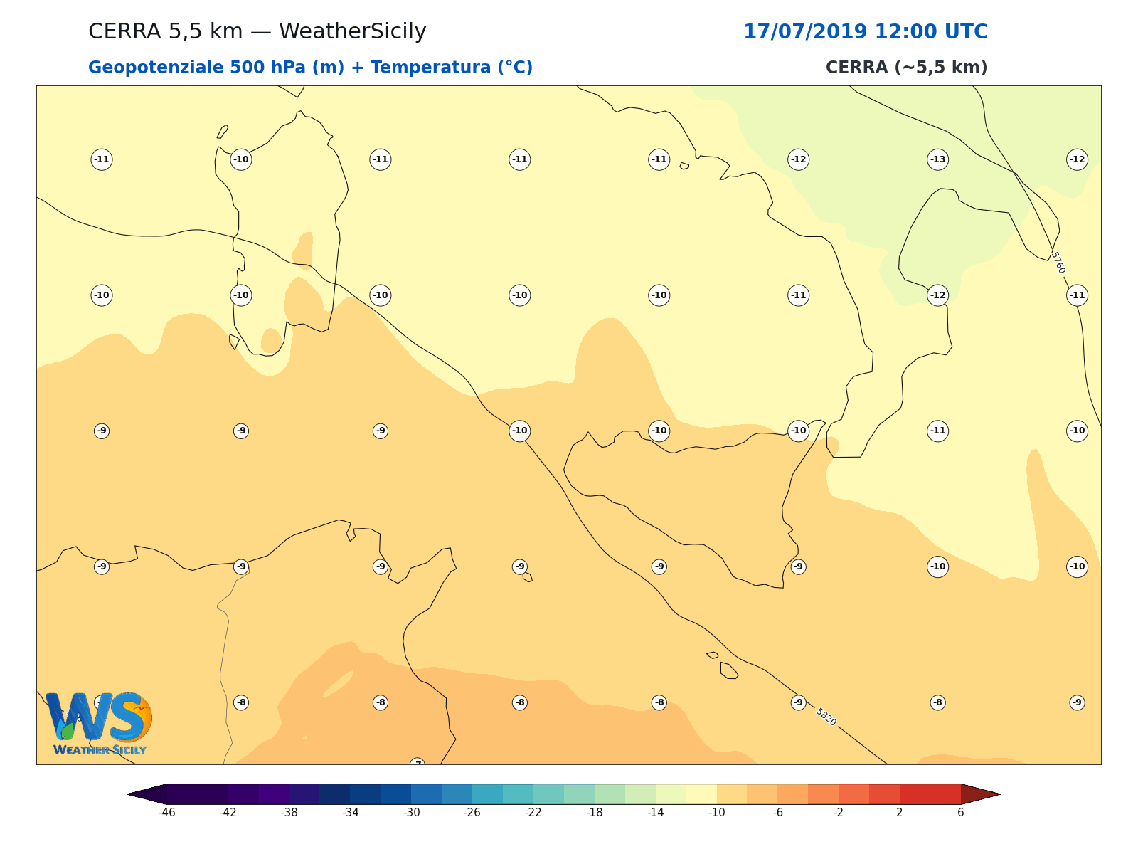 Geopotenziale 500 hPa + Temperatura · 2019071712