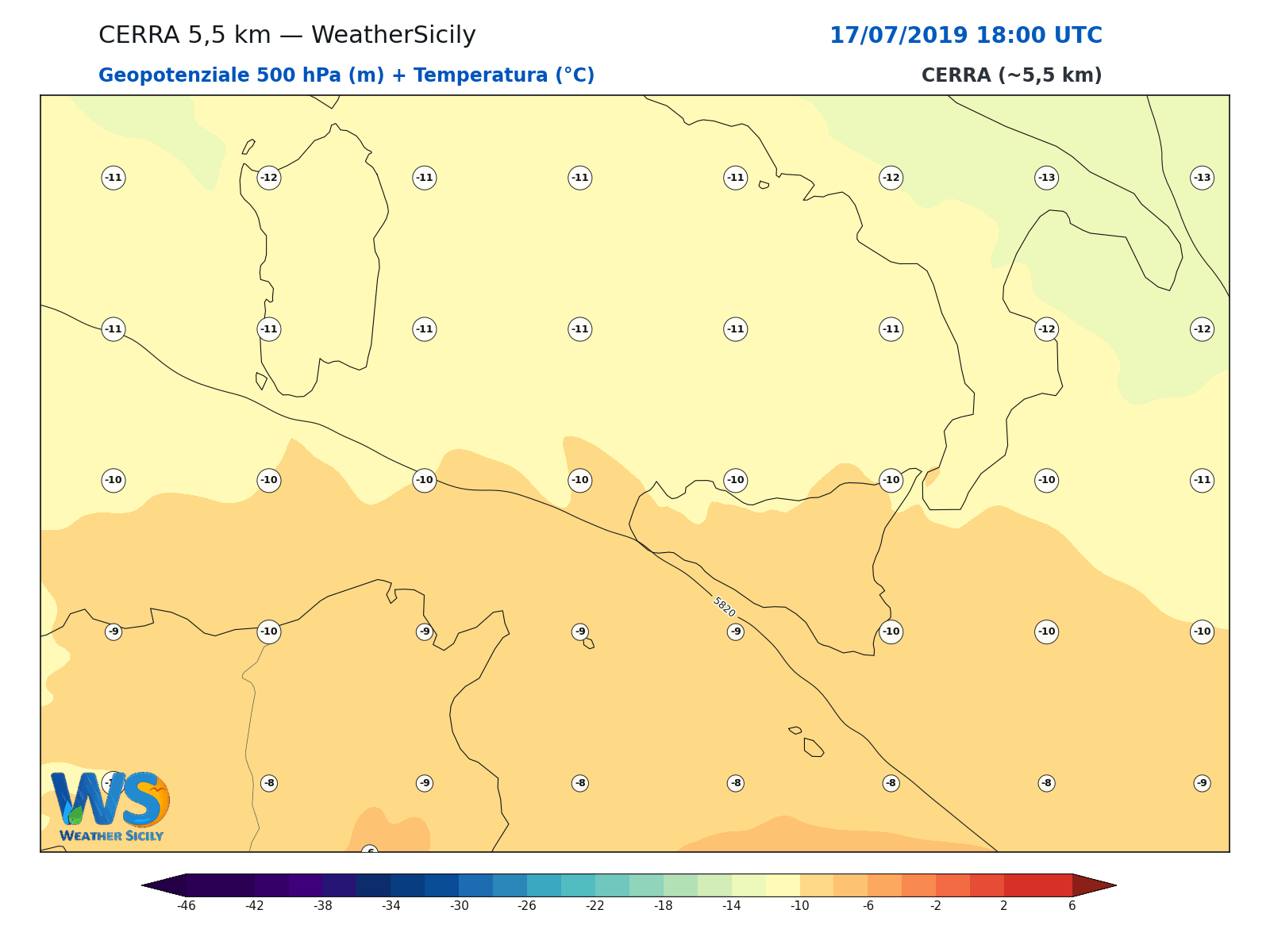 Geopotenziale 500 hPa + Temperatura · 2019071718