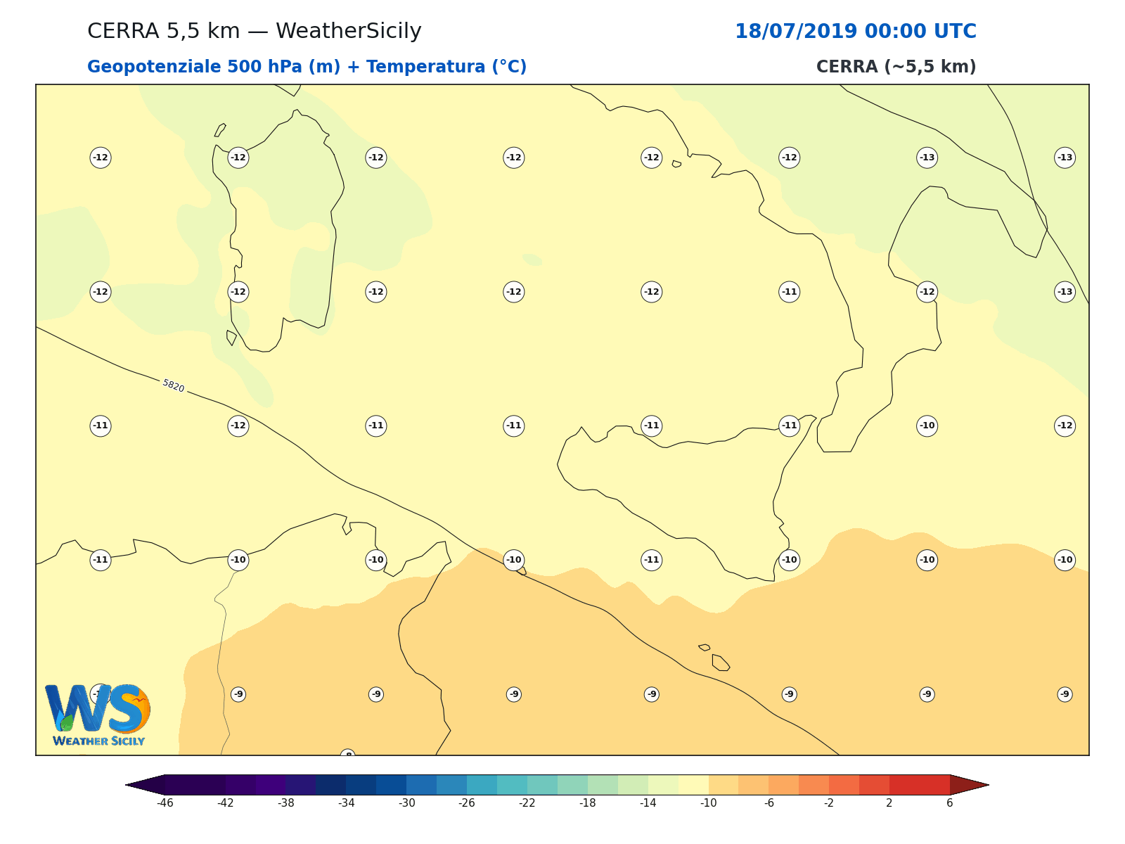 Geopotenziale 500 hPa + Temperatura · 2019071800