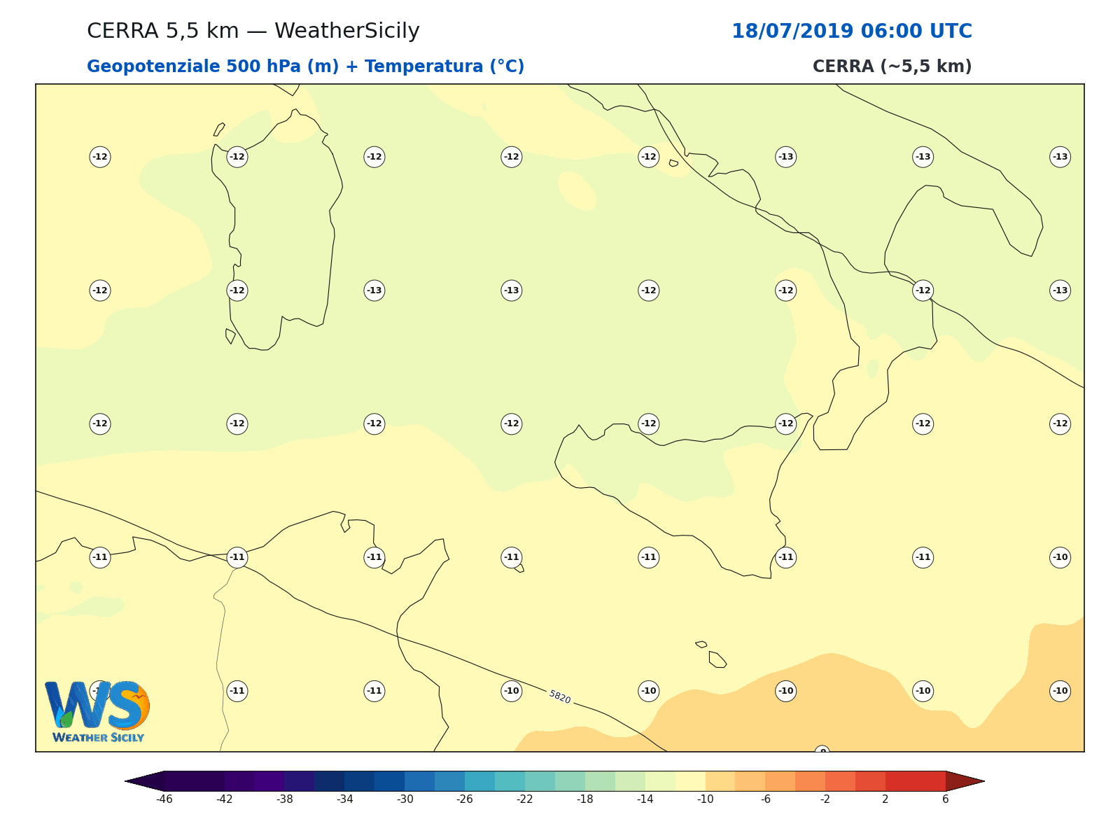 Geopotenziale 500 hPa + Temperatura · 2019071806