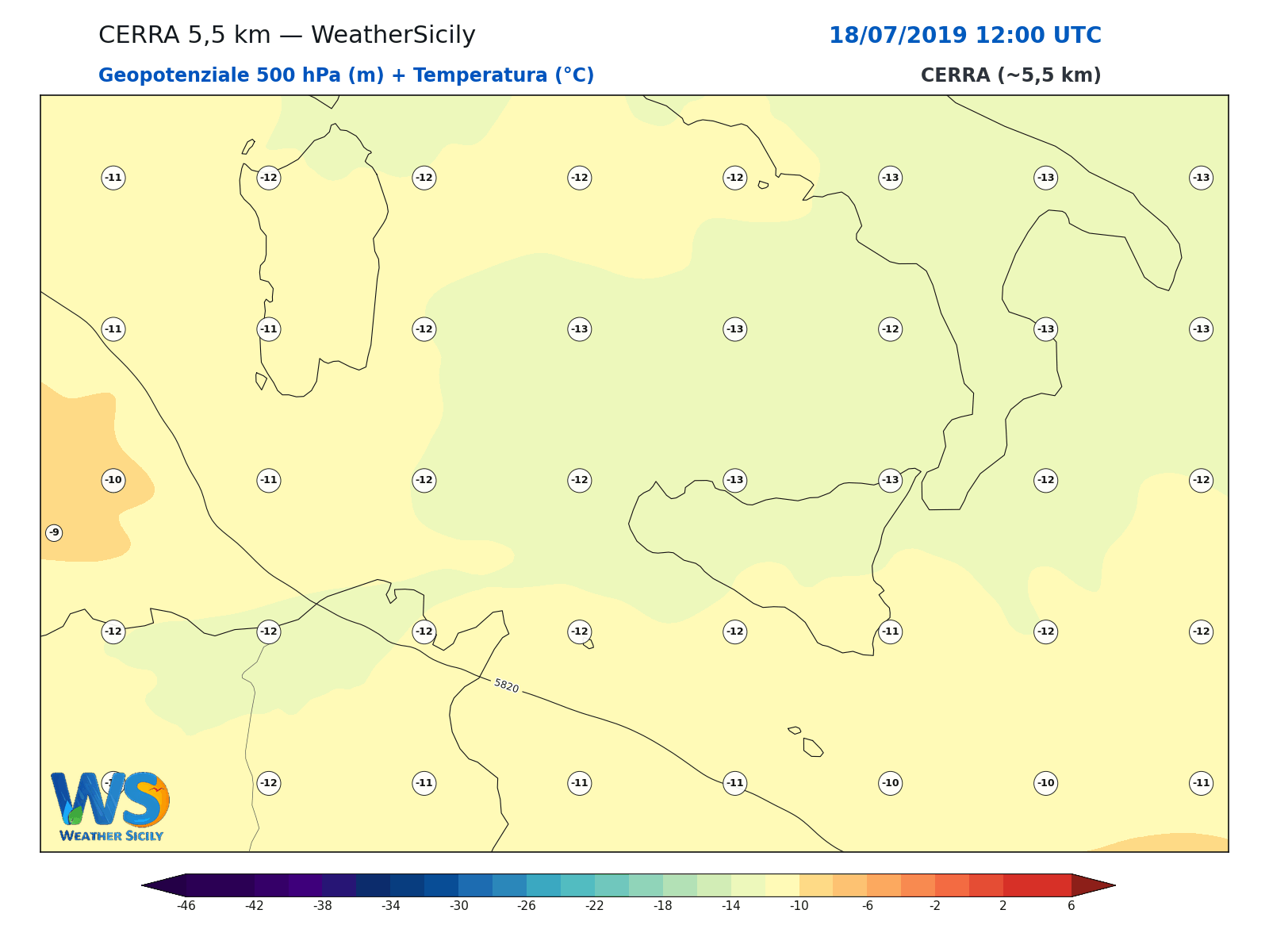 Geopotenziale 500 hPa + Temperatura · 2019071812