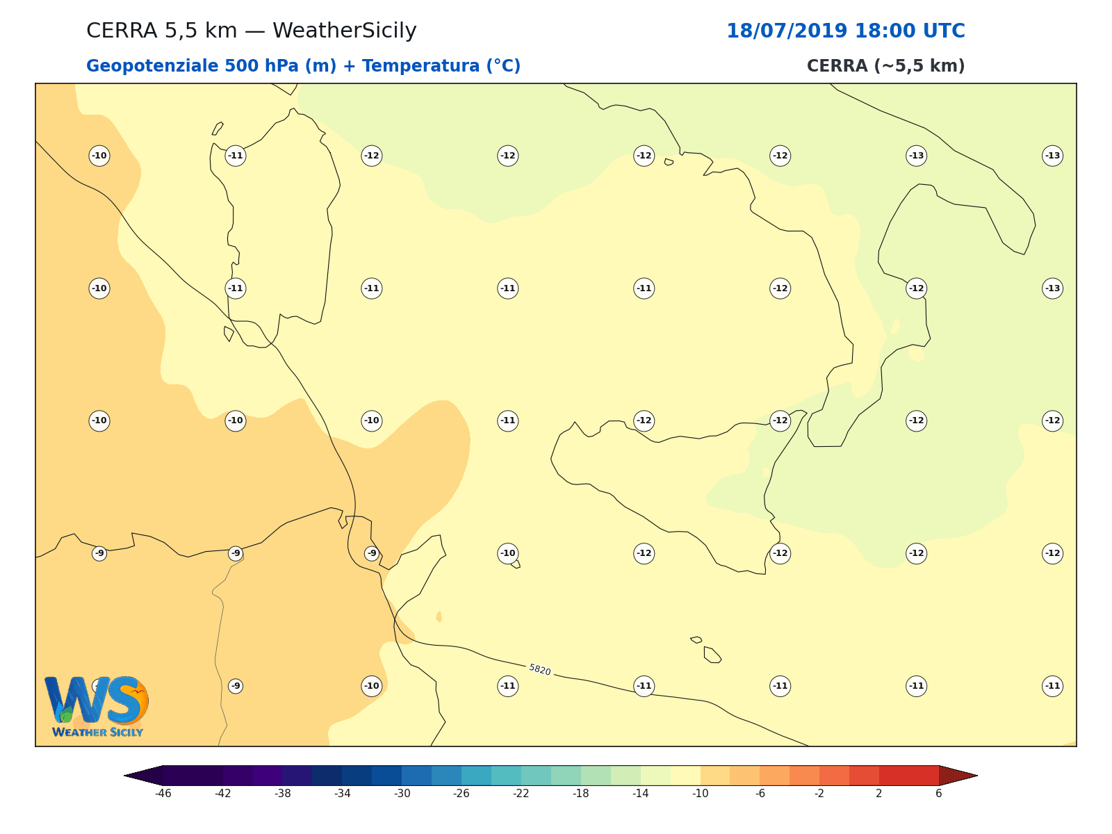 Geopotenziale 500 hPa + Temperatura · 2019071818