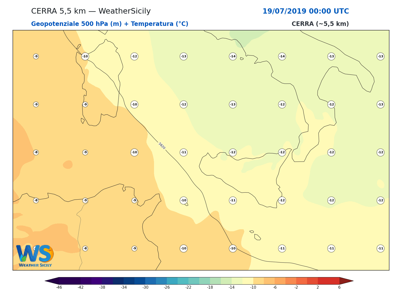 Geopotenziale 500 hPa + Temperatura · 2019071900