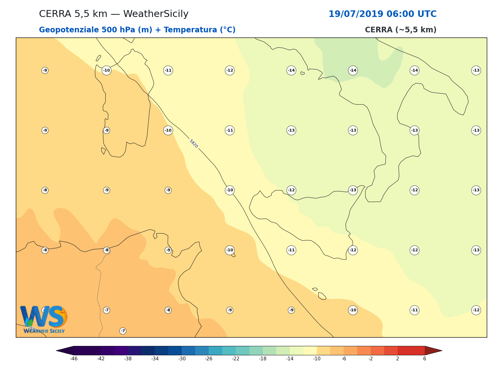 Geopotenziale 500 hPa + Temperatura · 2019071906