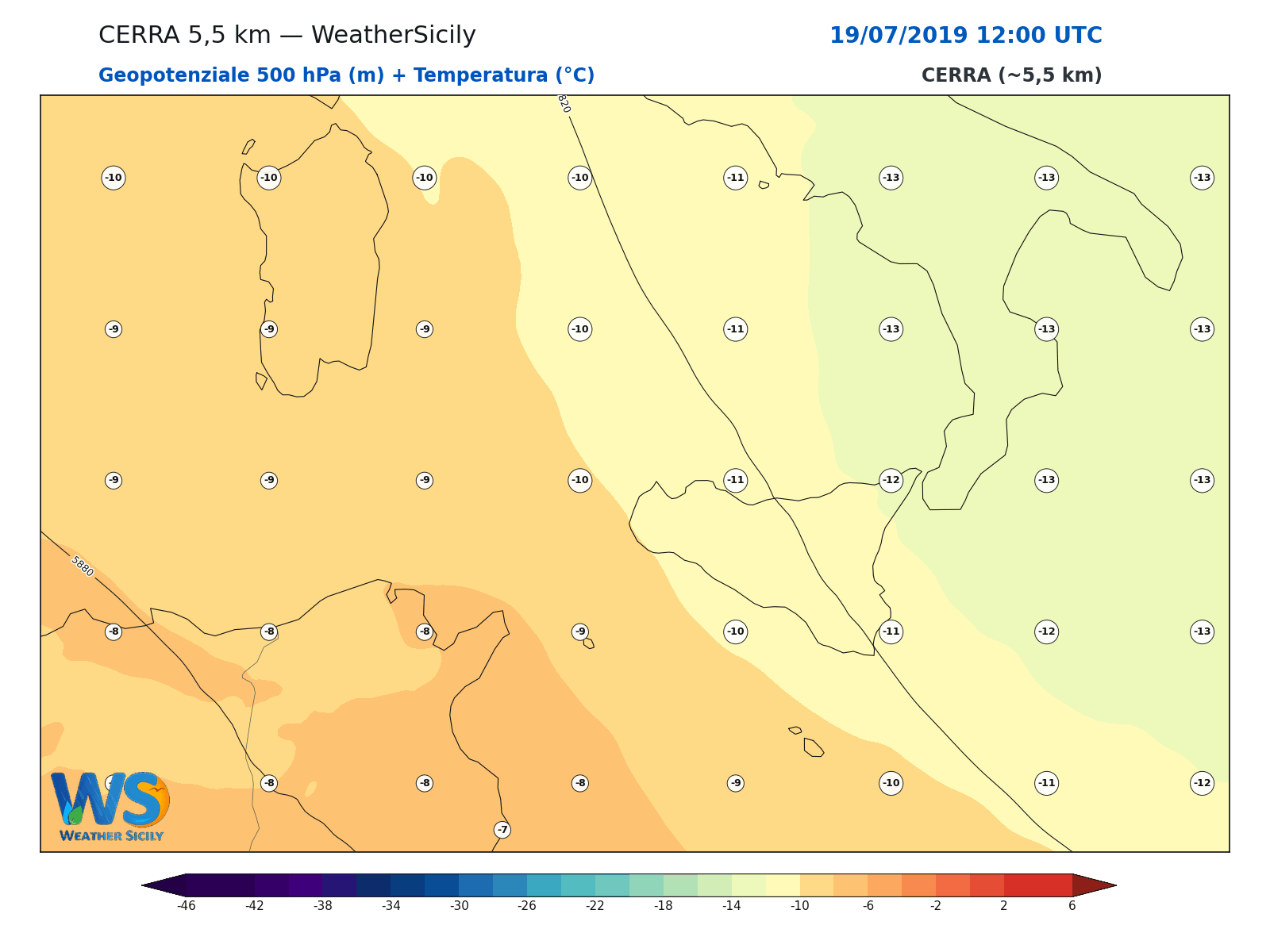 Geopotenziale 500 hPa + Temperatura · 2019071912