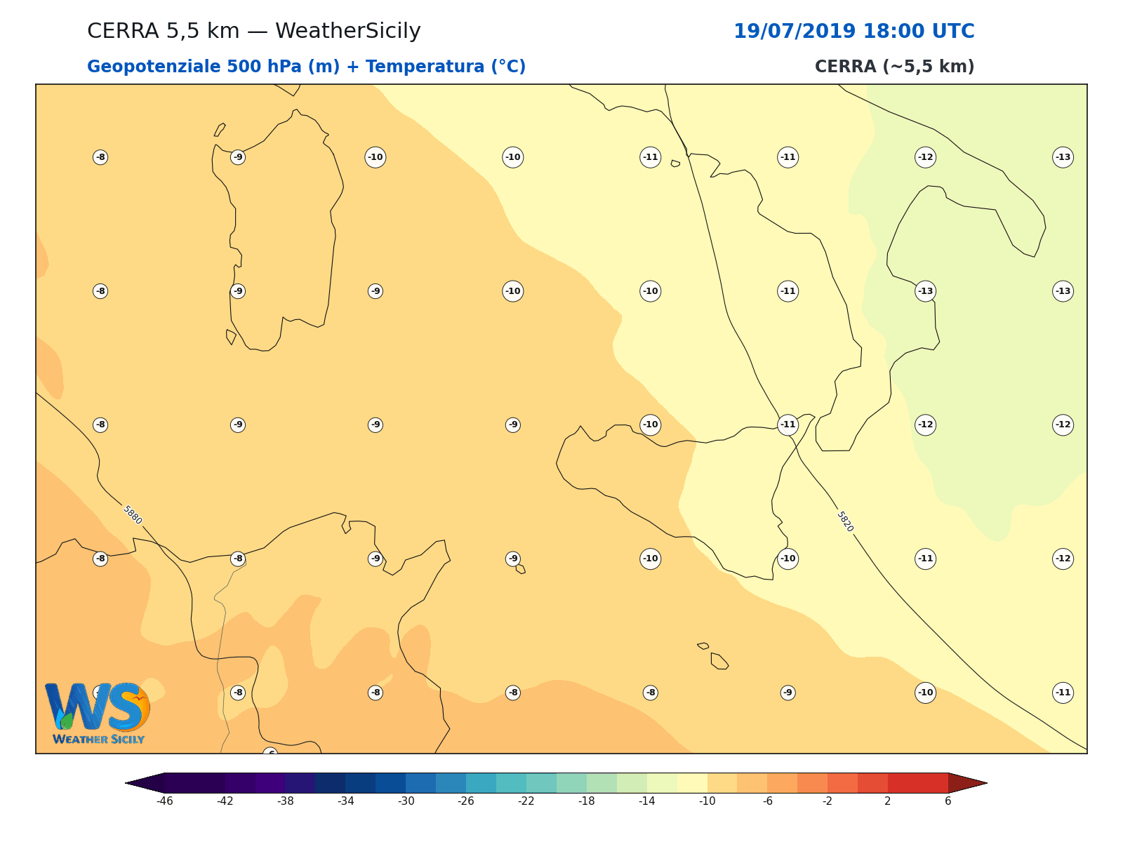 Geopotenziale 500 hPa + Temperatura · 2019071918