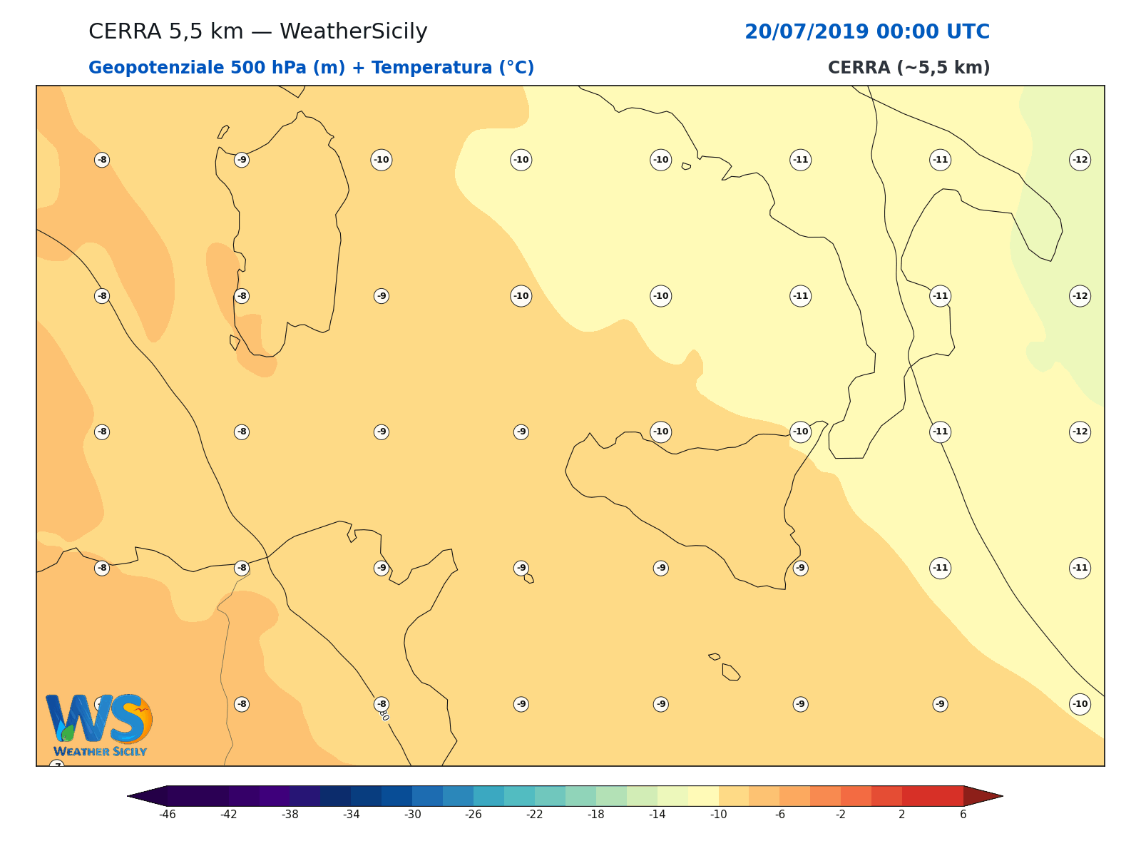 Geopotenziale 500 hPa + Temperatura · 2019072000