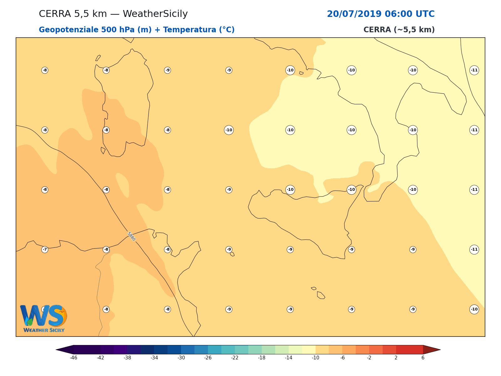 Geopotenziale 500 hPa + Temperatura · 2019072006