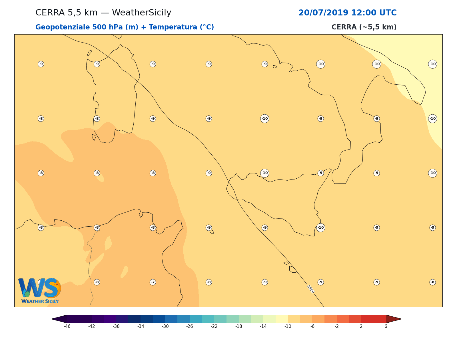 Geopotenziale 500 hPa + Temperatura · 2019072012