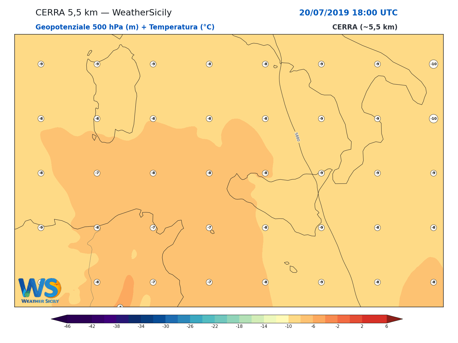 Geopotenziale 500 hPa + Temperatura · 2019072018