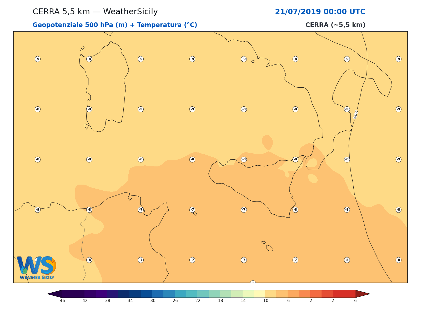 Geopotenziale 500 hPa + Temperatura · 2019072100