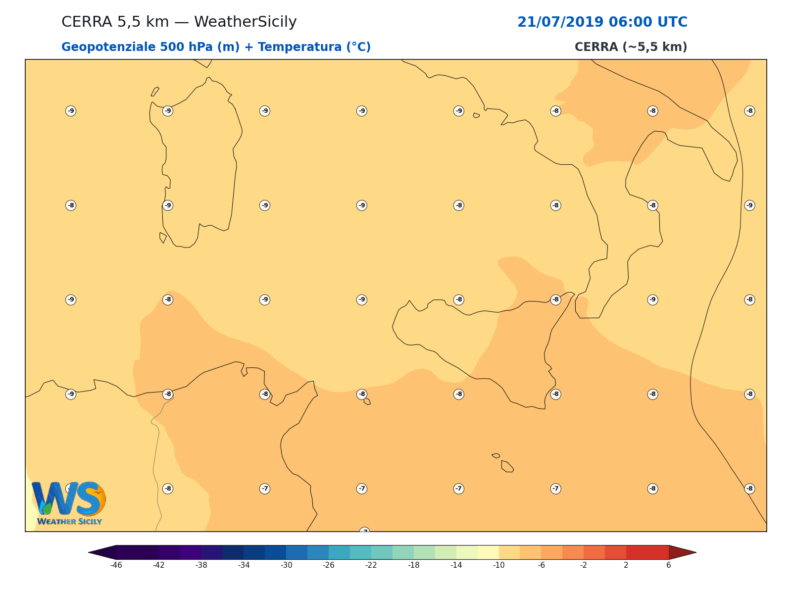 Geopotenziale 500 hPa + Temperatura · 2019072106