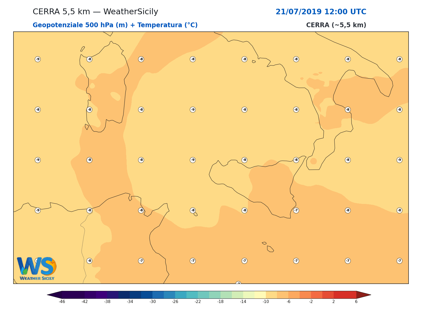 Geopotenziale 500 hPa + Temperatura · 2019072112
