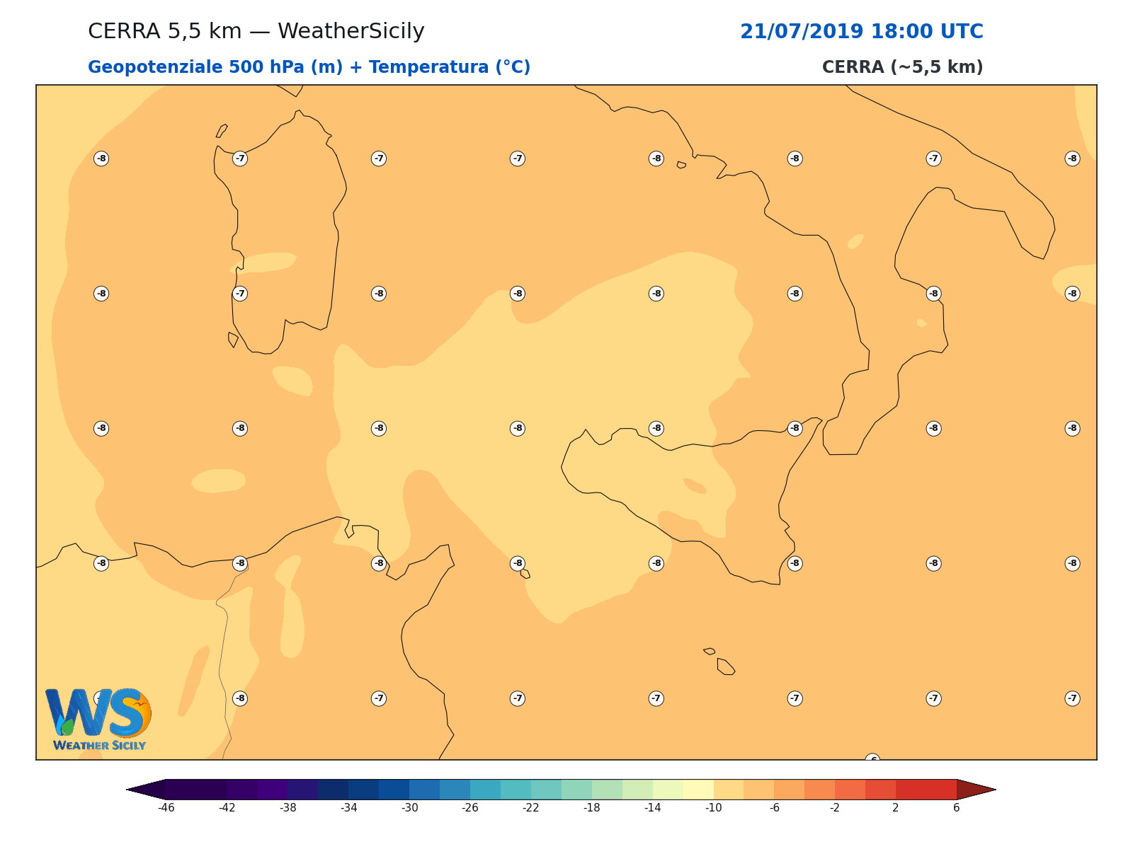 Geopotenziale 500 hPa + Temperatura · 2019072118