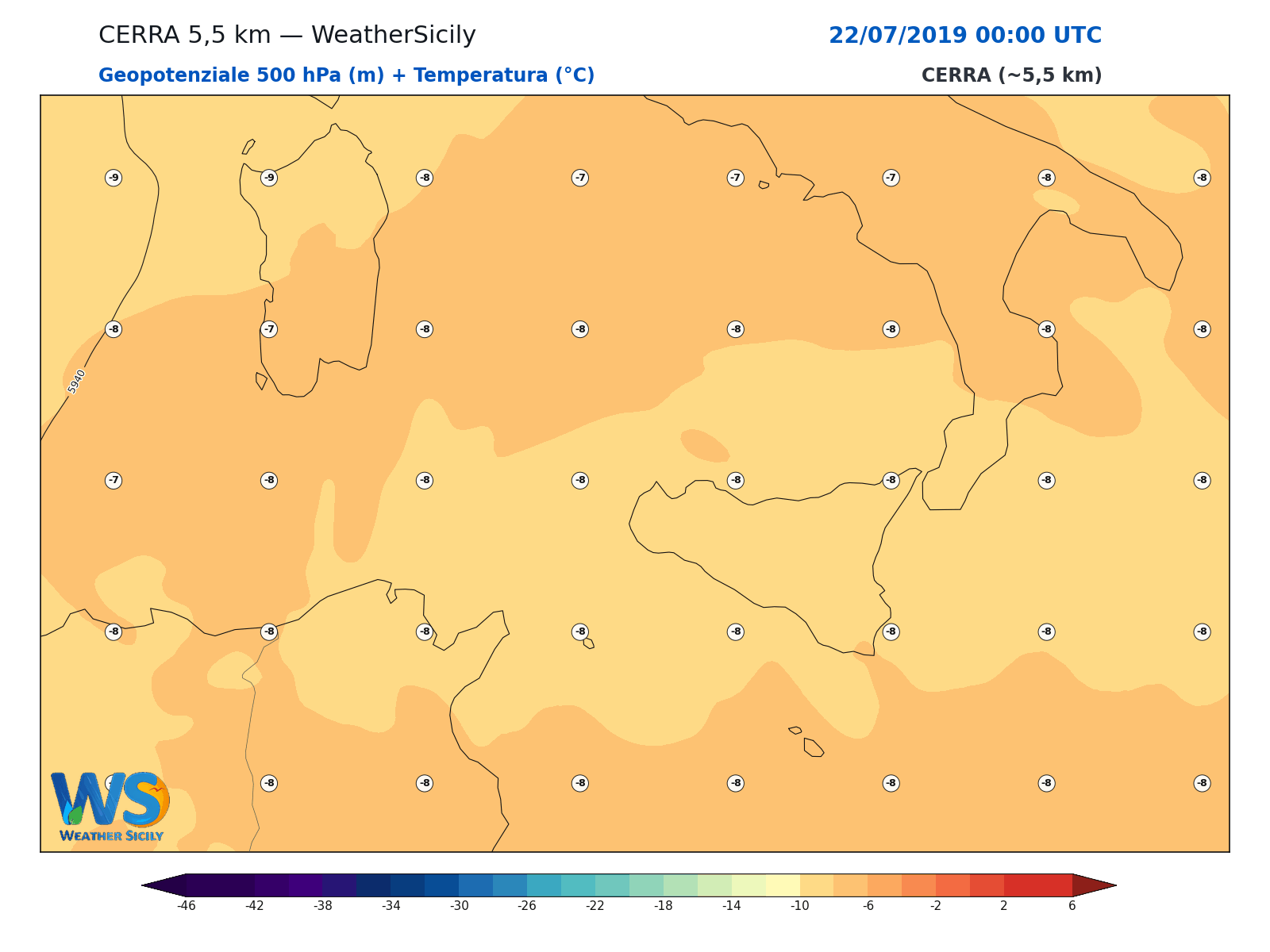 Geopotenziale 500 hPa + Temperatura · 2019072200