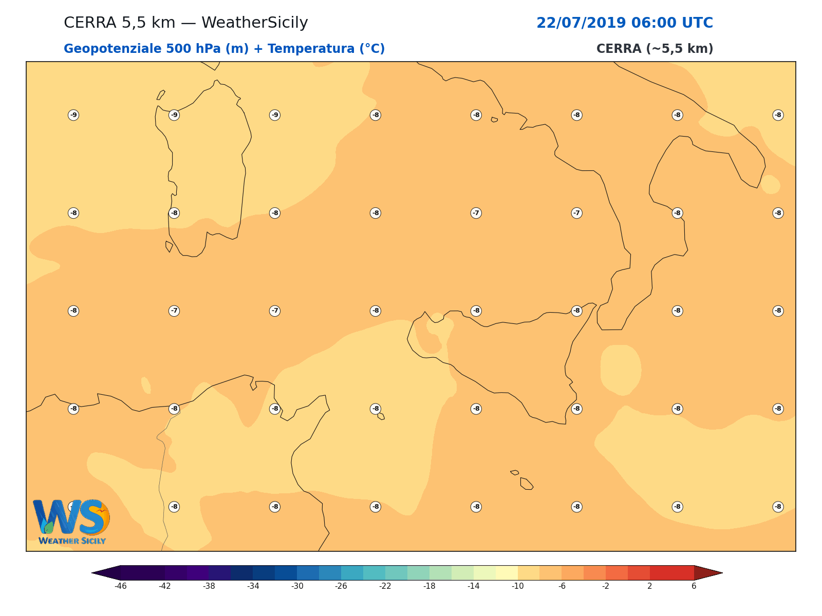 Geopotenziale 500 hPa + Temperatura · 2019072206