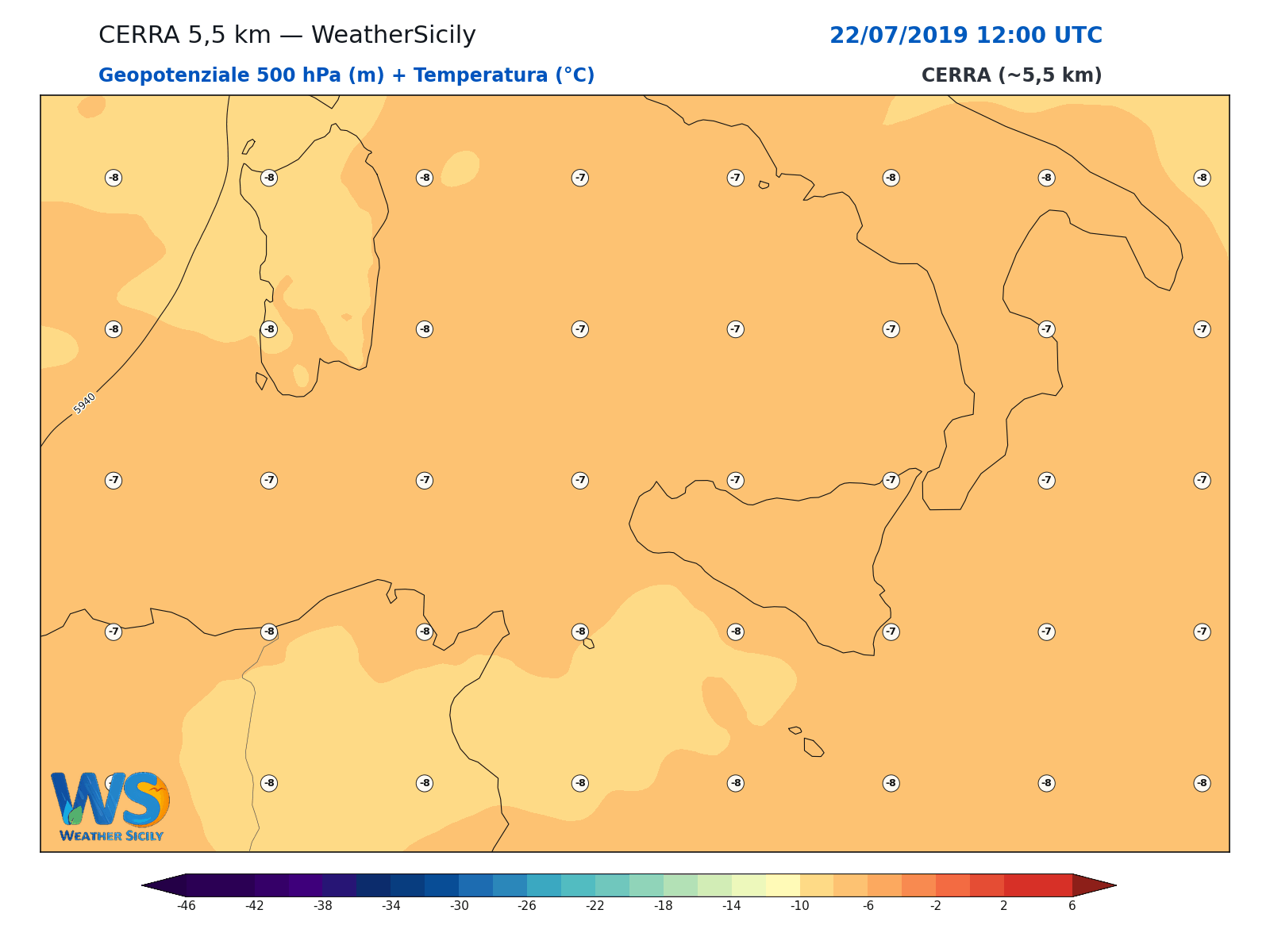 Geopotenziale 500 hPa + Temperatura · 2019072212