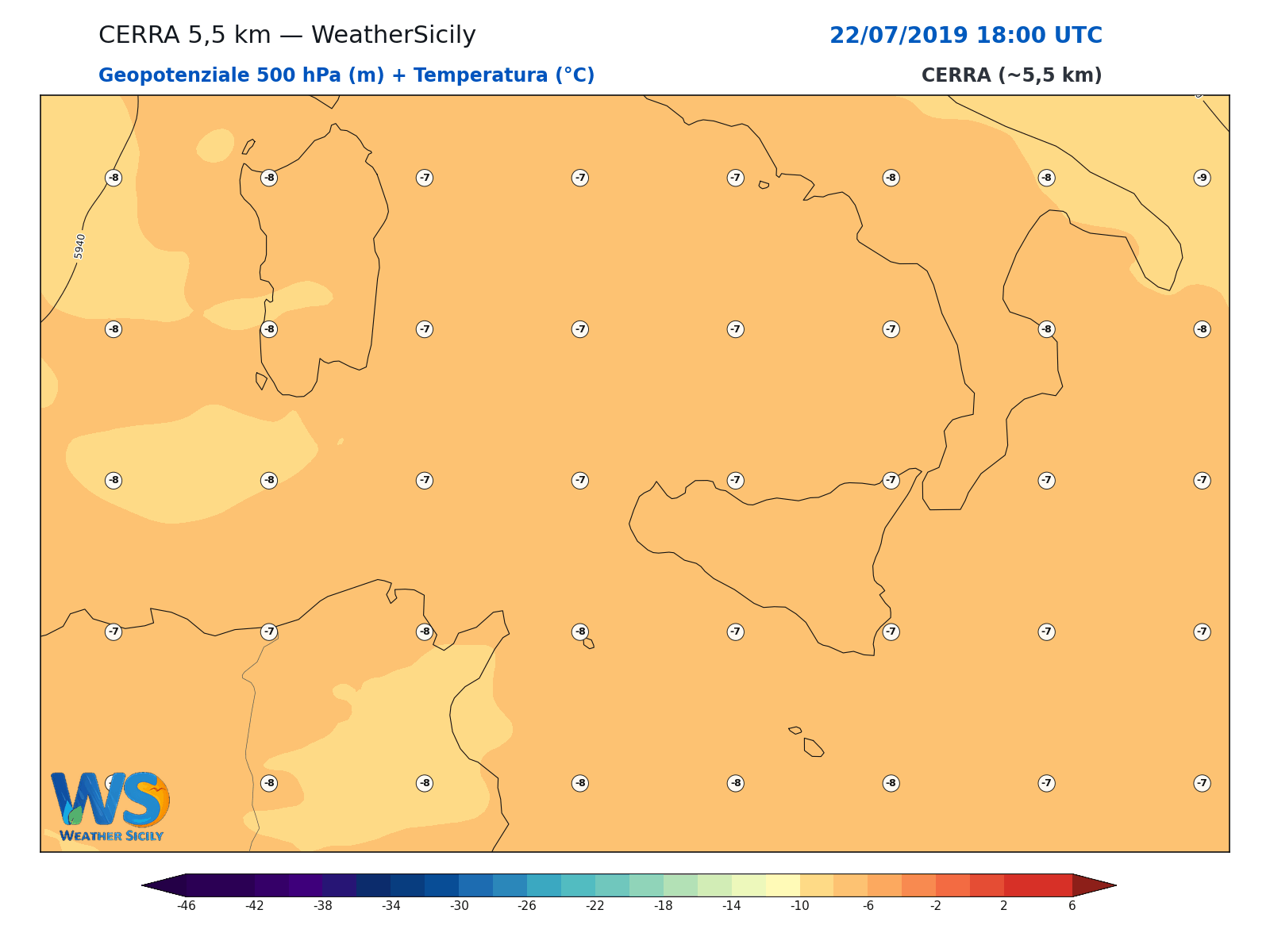 Geopotenziale 500 hPa + Temperatura · 2019072218