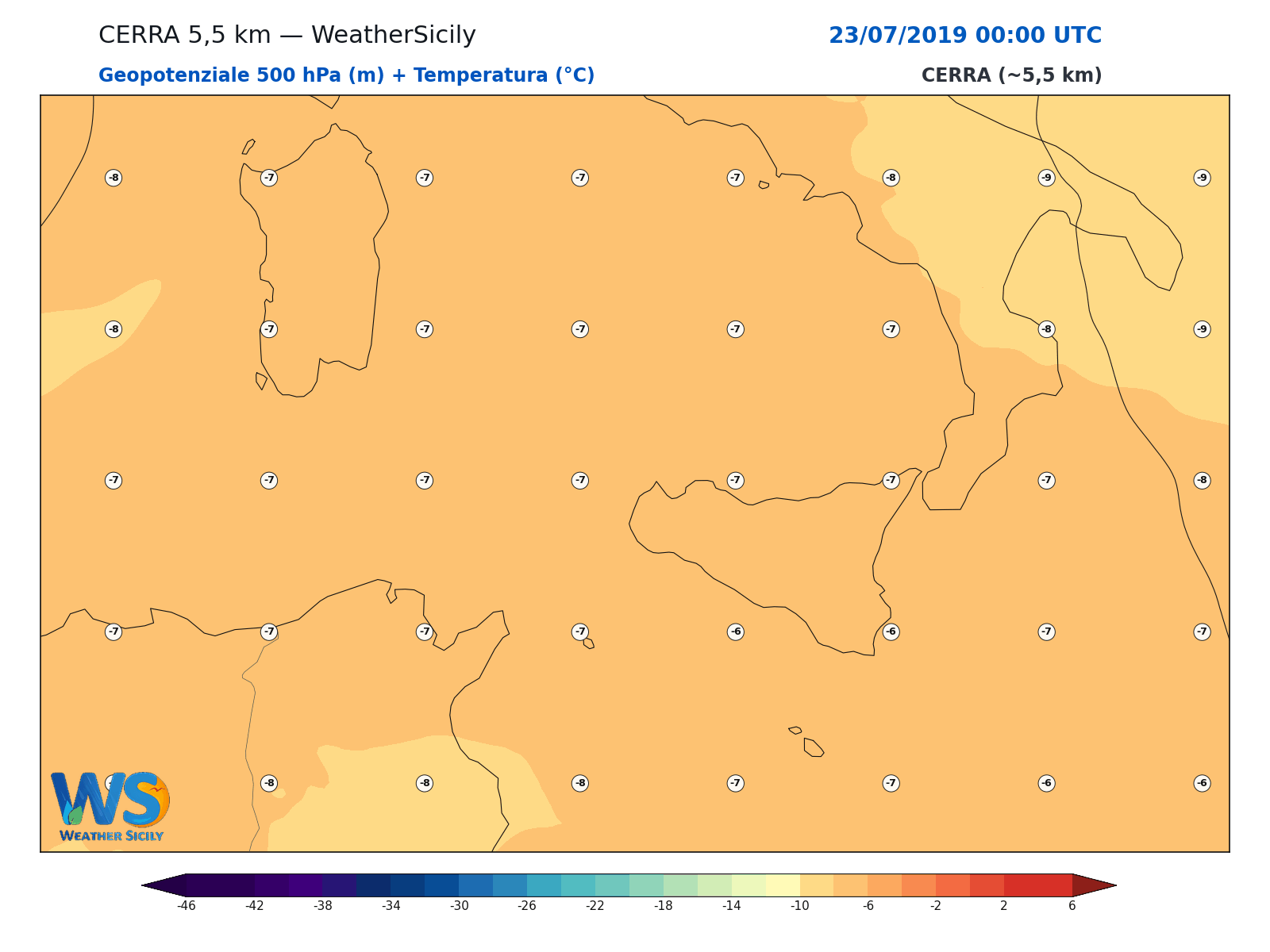 Geopotenziale 500 hPa + Temperatura · 2019072300