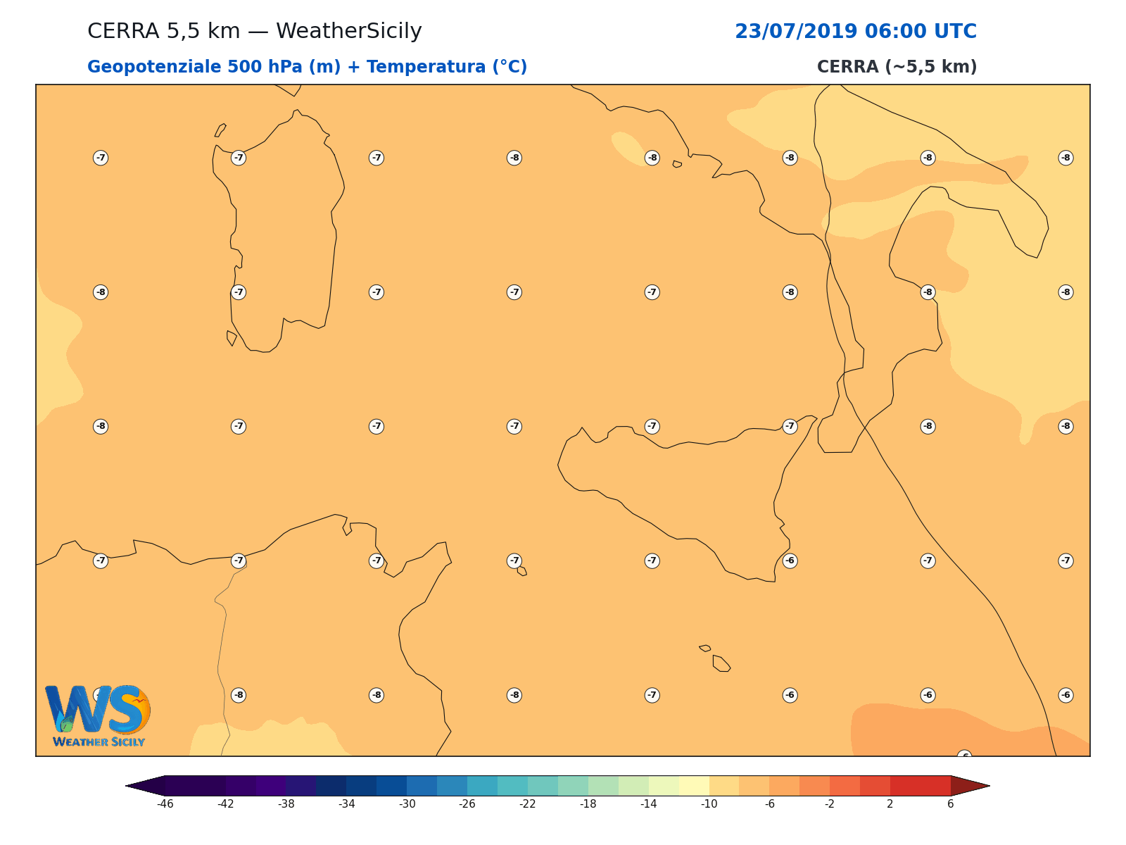 Geopotenziale 500 hPa + Temperatura · 2019072306