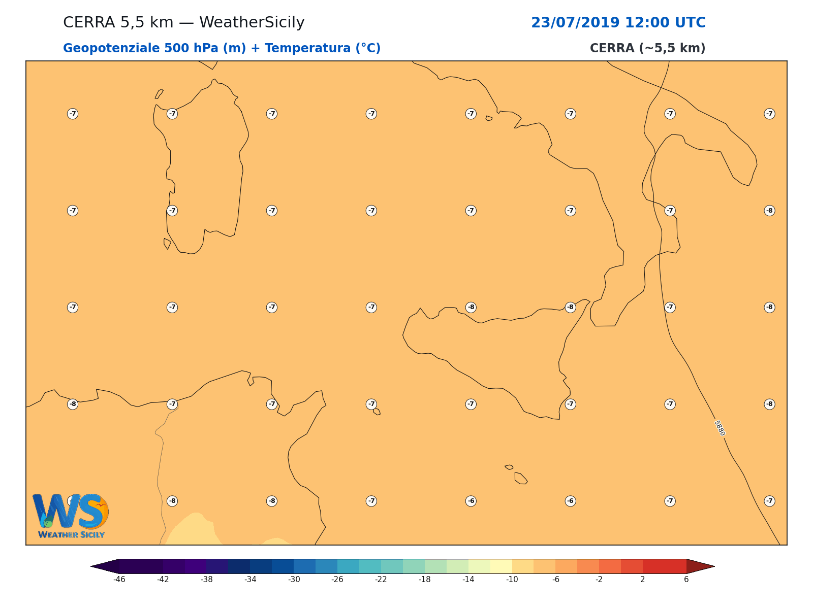 Geopotenziale 500 hPa + Temperatura · 2019072312