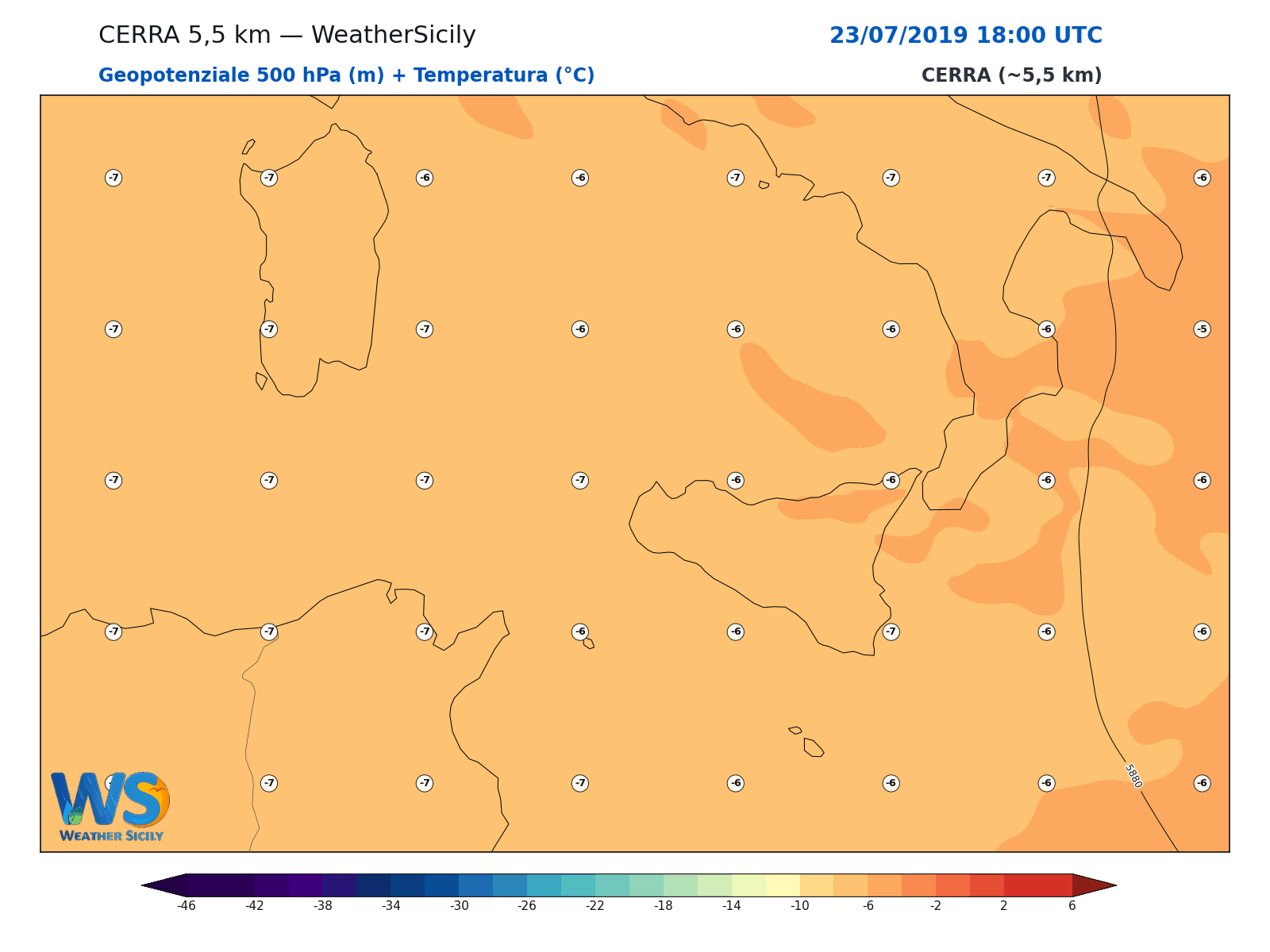 Geopotenziale 500 hPa + Temperatura · 2019072318