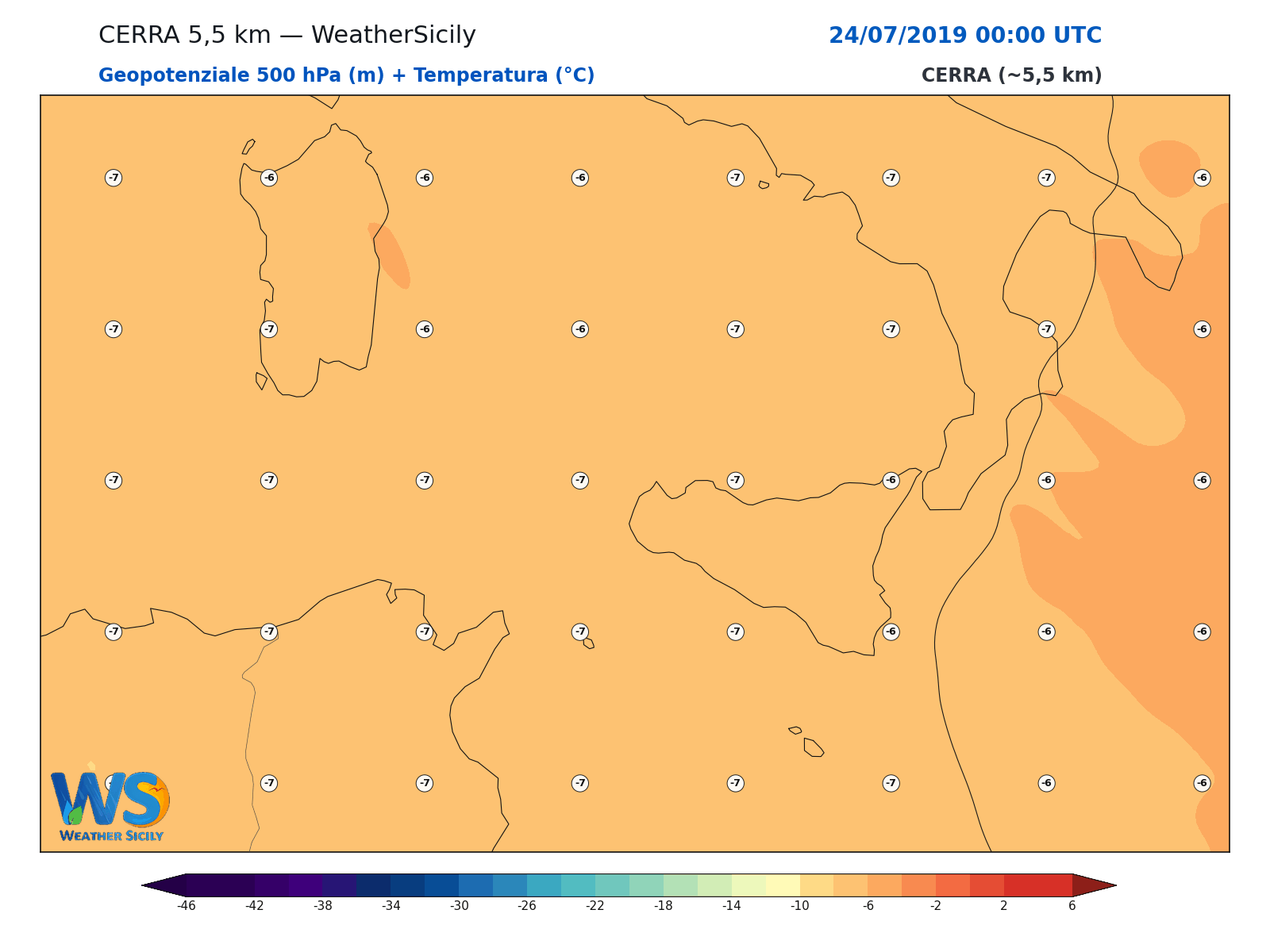 Geopotenziale 500 hPa + Temperatura · 2019072400