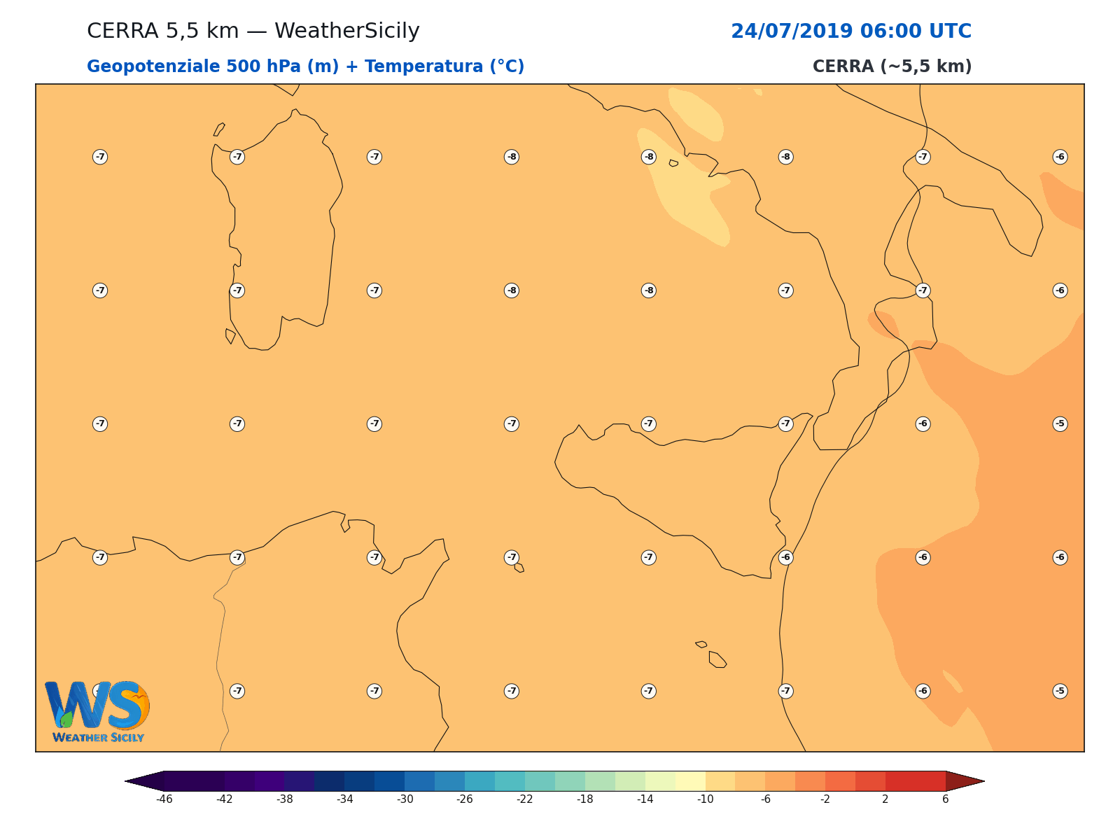 Geopotenziale 500 hPa + Temperatura · 2019072406
