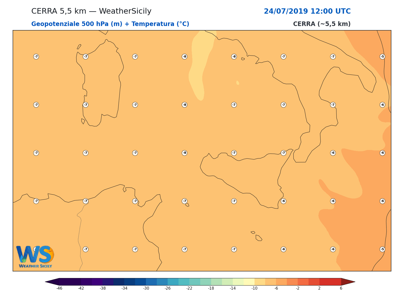 Geopotenziale 500 hPa + Temperatura · 2019072412