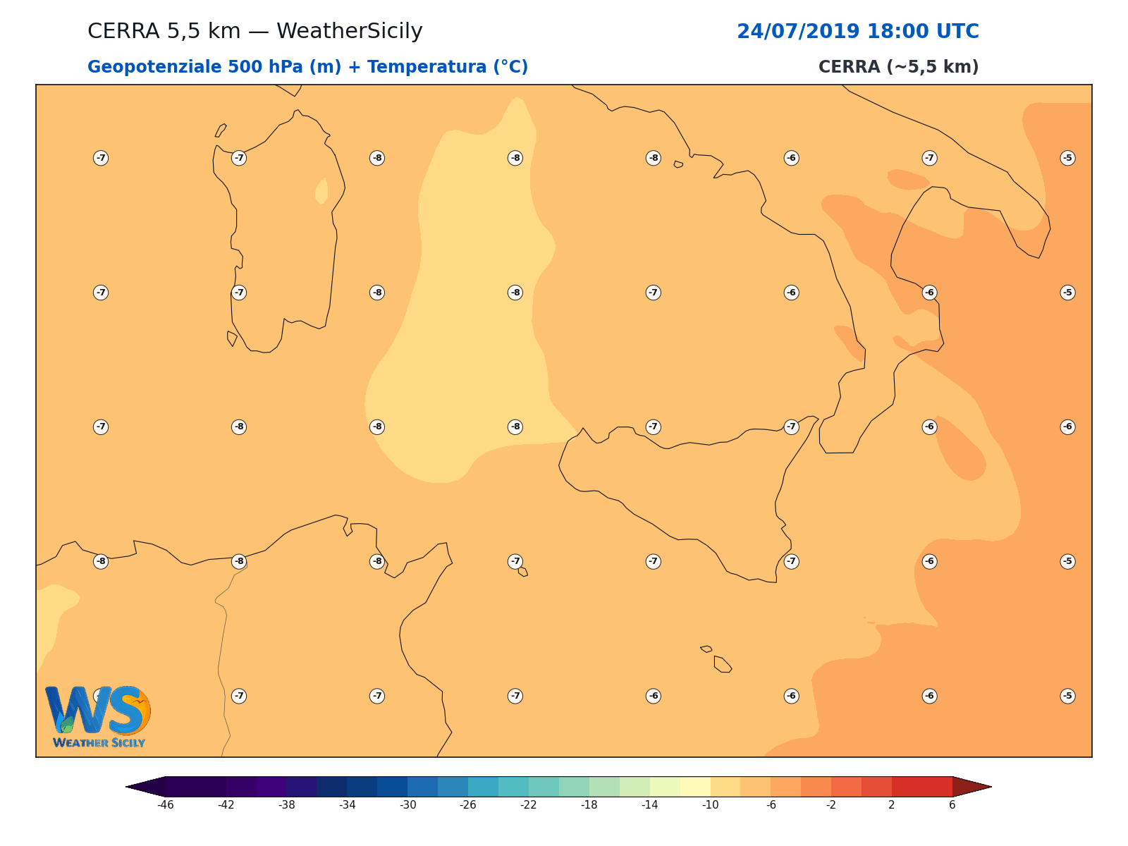 Geopotenziale 500 hPa + Temperatura · 2019072418