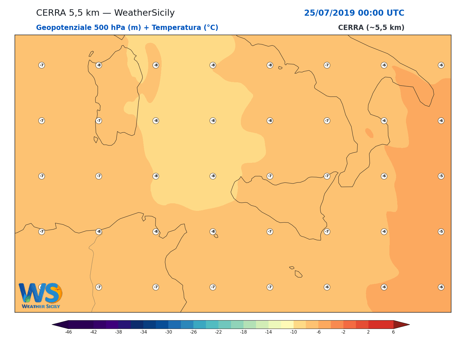 Geopotenziale 500 hPa + Temperatura · 2019072500