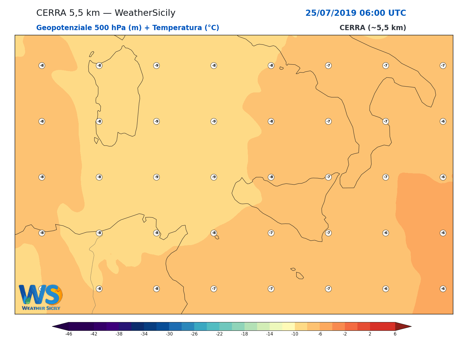 Geopotenziale 500 hPa + Temperatura · 2019072506