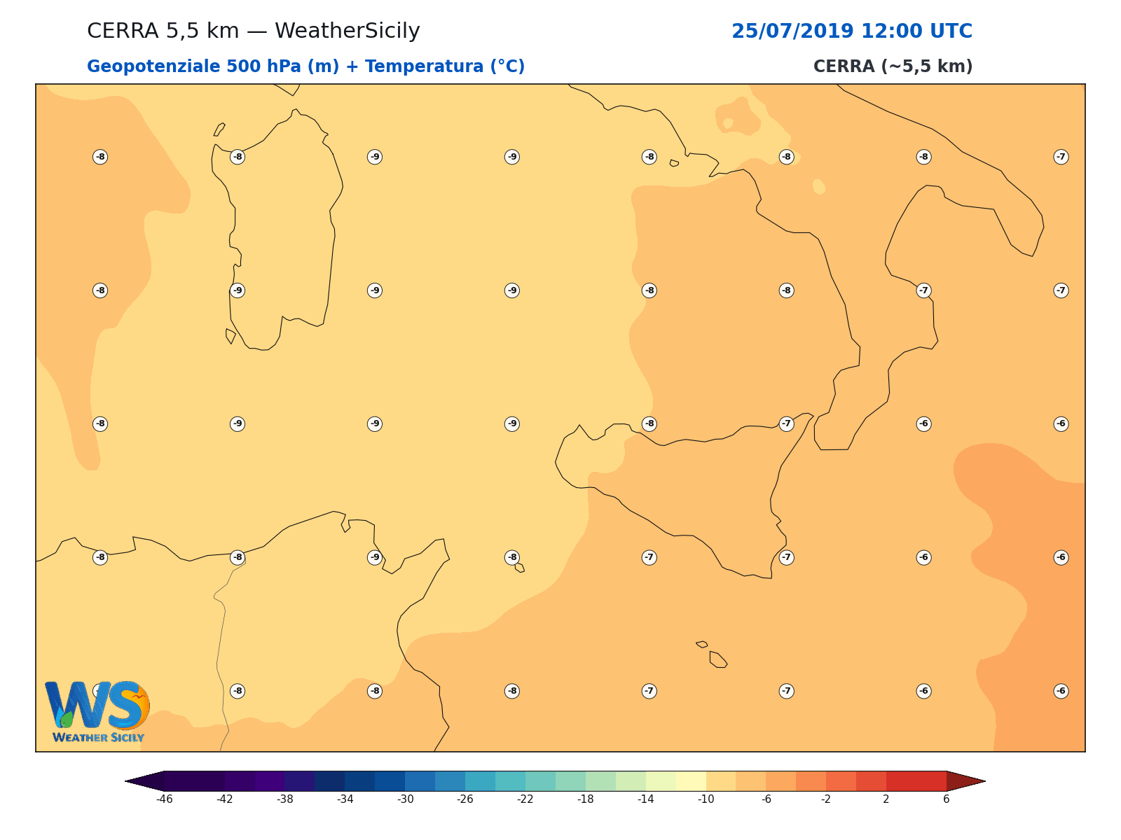 Geopotenziale 500 hPa + Temperatura · 2019072512