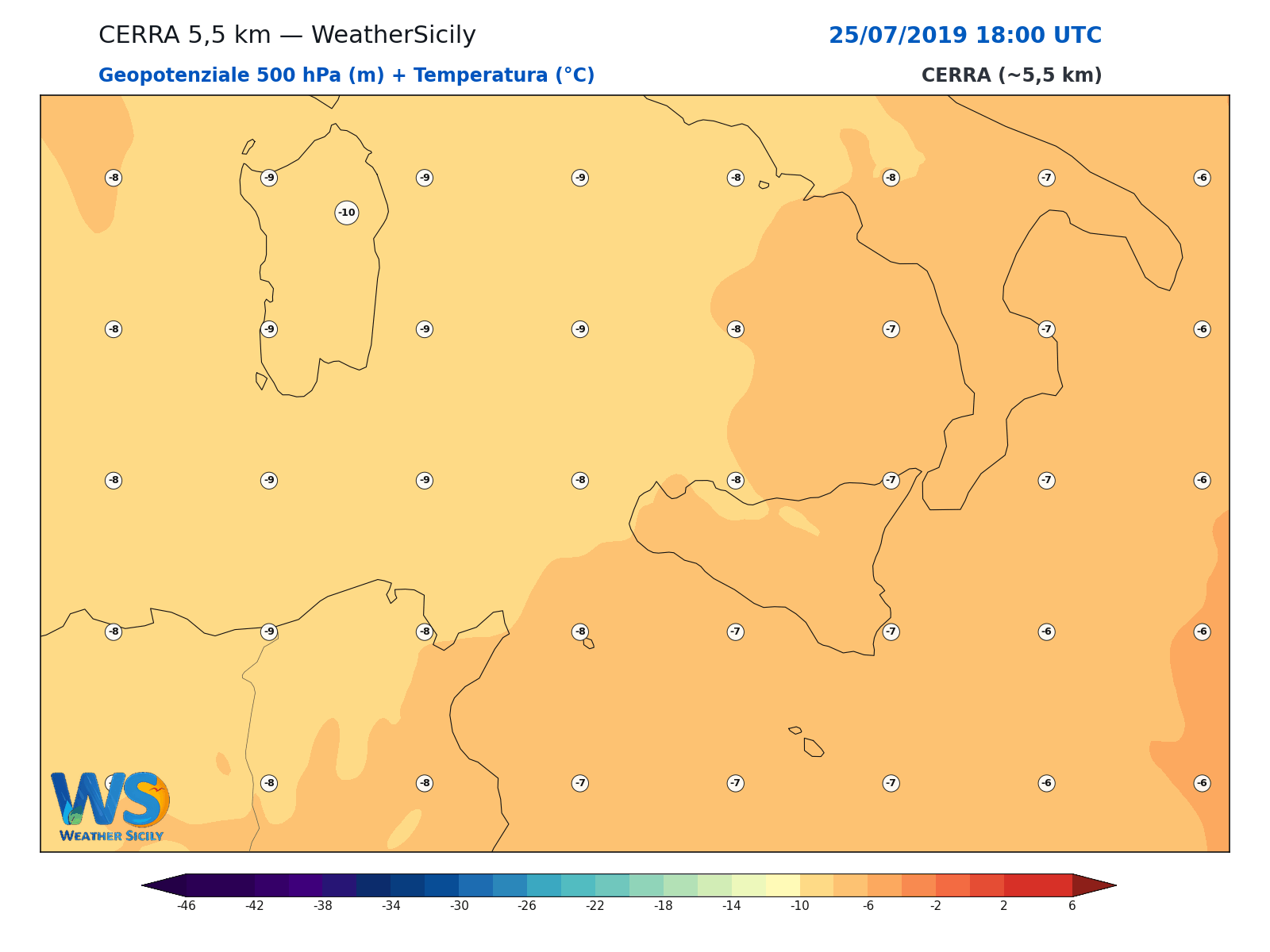 Geopotenziale 500 hPa + Temperatura · 2019072518