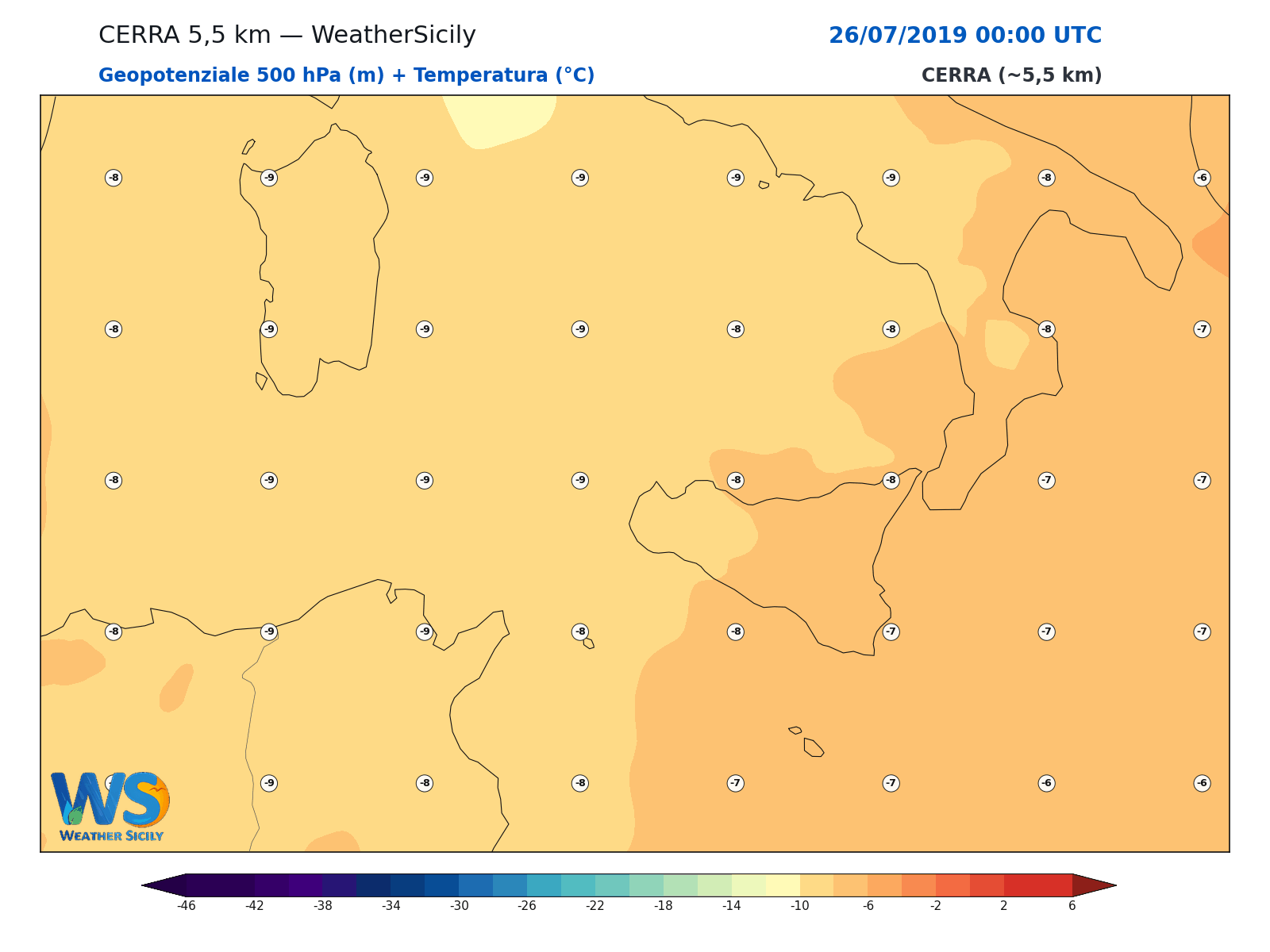 Geopotenziale 500 hPa + Temperatura · 2019072600