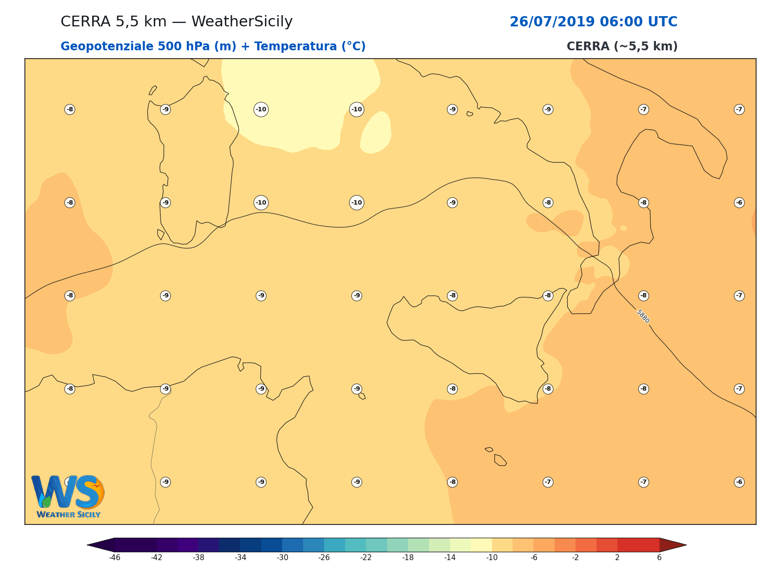Geopotenziale 500 hPa + Temperatura · 2019072606