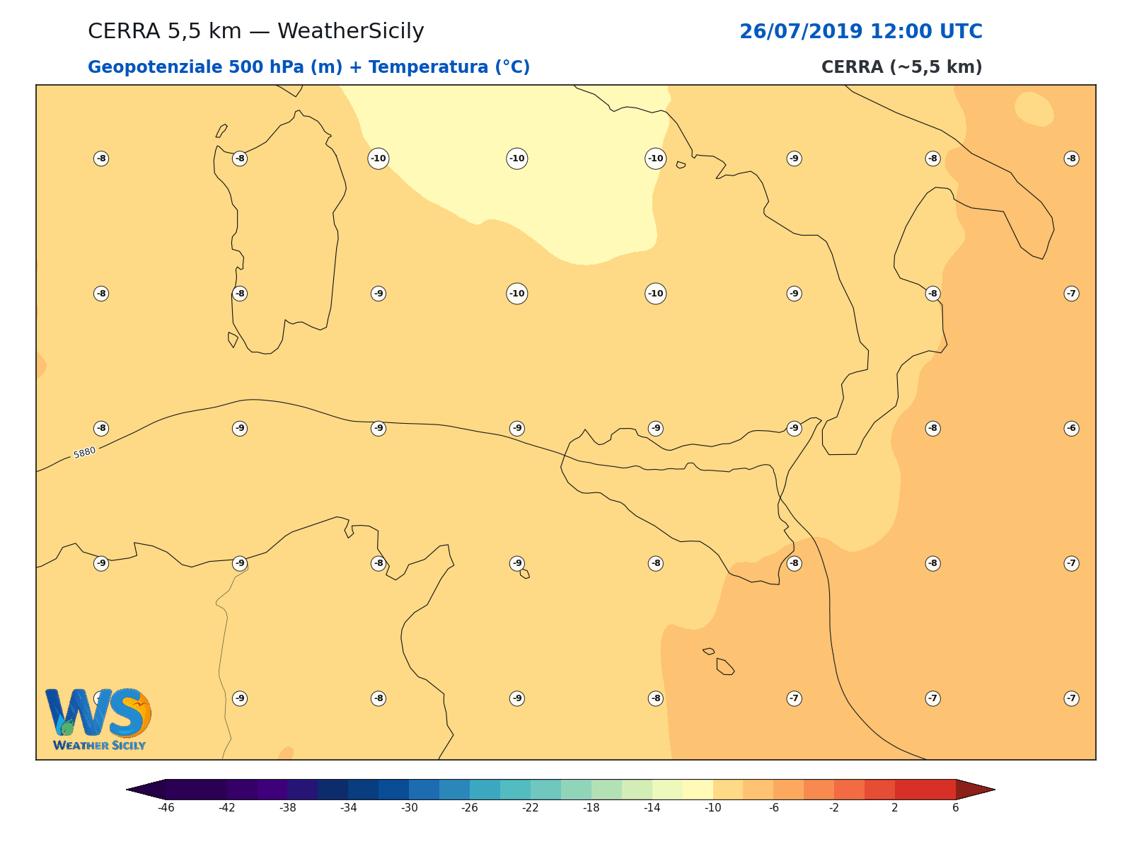 Geopotenziale 500 hPa + Temperatura · 2019072612