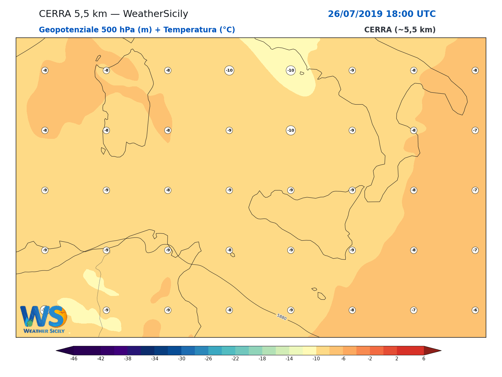 Geopotenziale 500 hPa + Temperatura · 2019072618