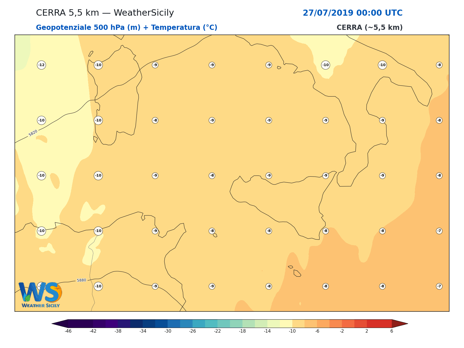 Geopotenziale 500 hPa + Temperatura · 2019072700