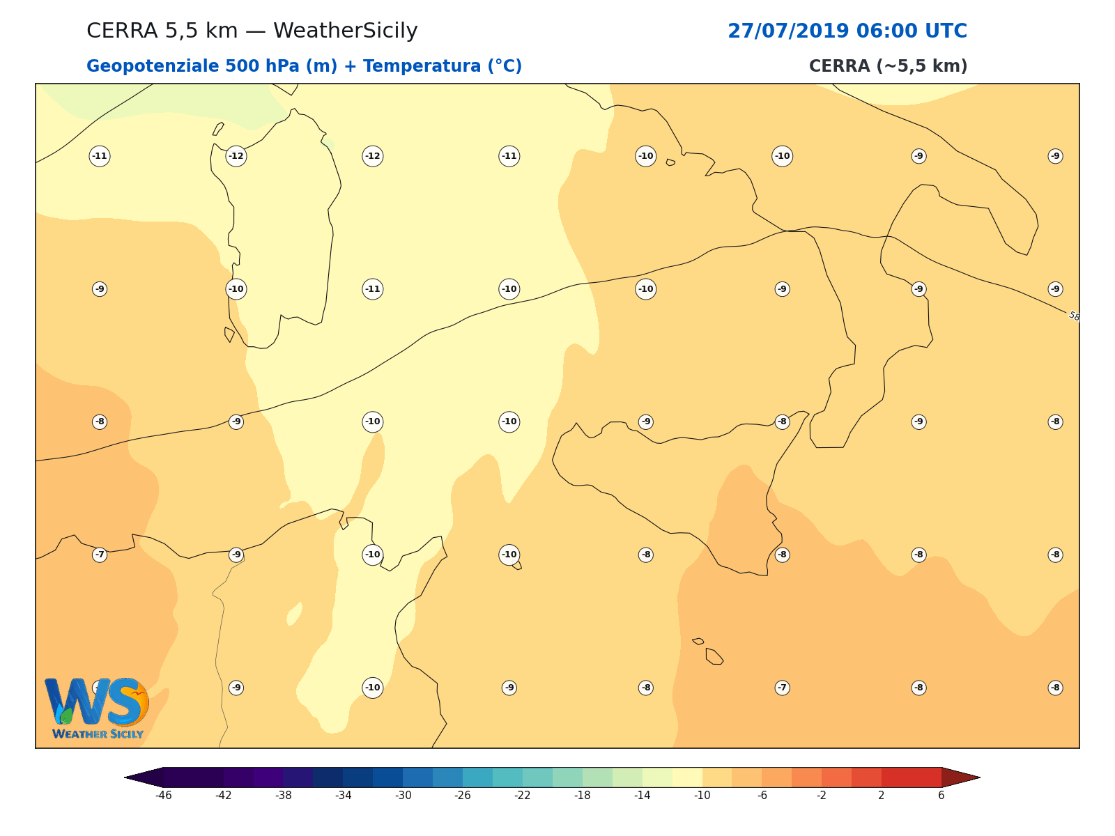 Geopotenziale 500 hPa + Temperatura · 2019072706