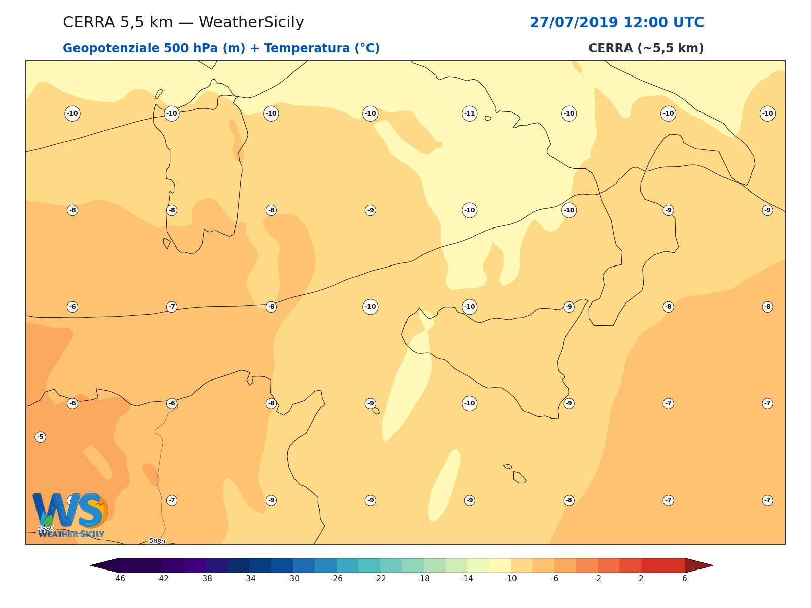 Geopotenziale 500 hPa + Temperatura · 2019072712