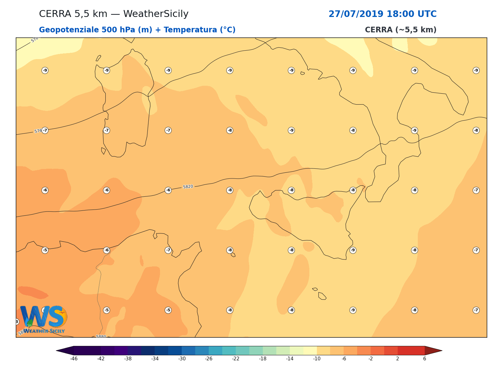 Geopotenziale 500 hPa + Temperatura · 2019072718