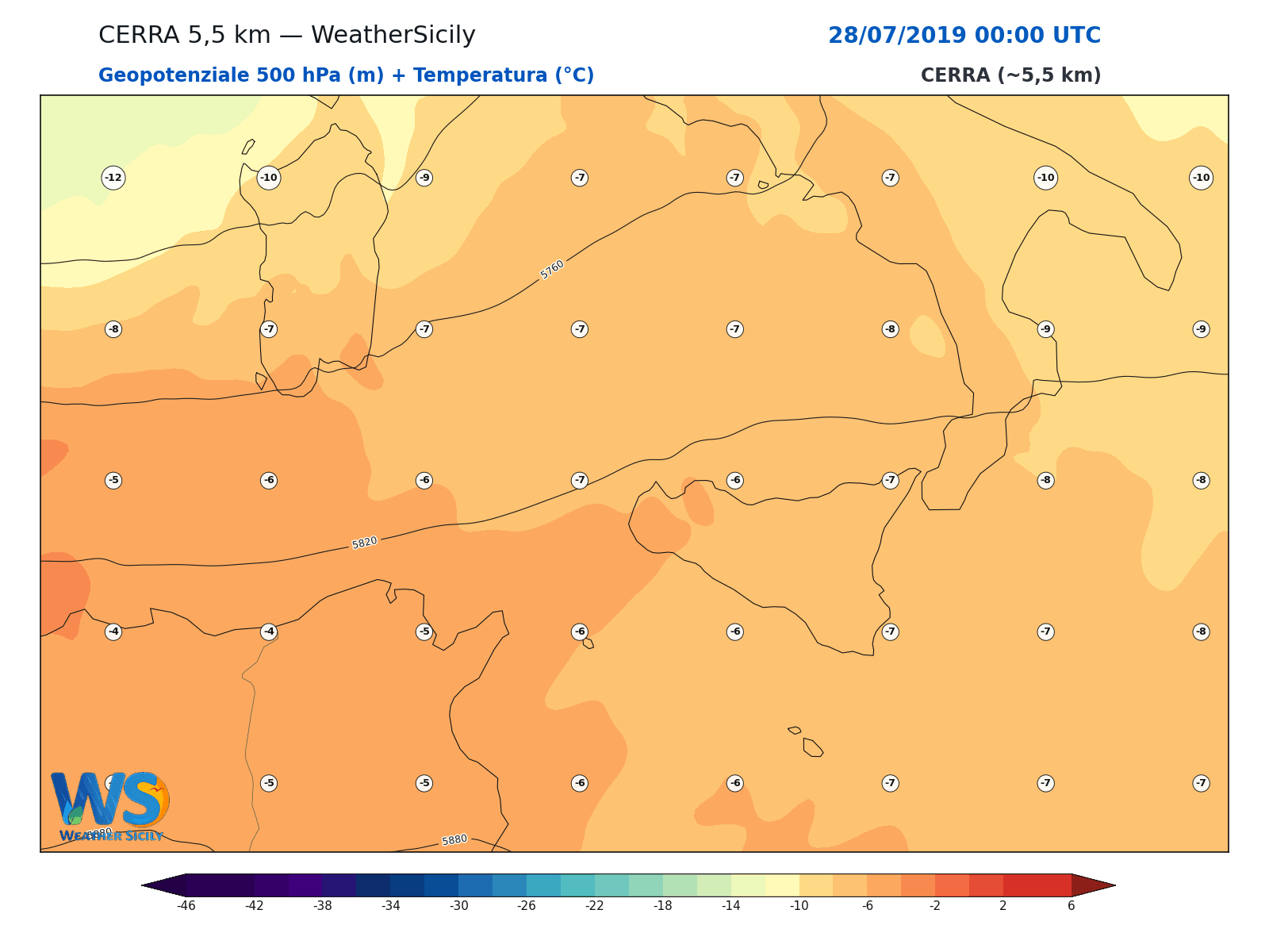 Geopotenziale 500 hPa + Temperatura · 2019072800