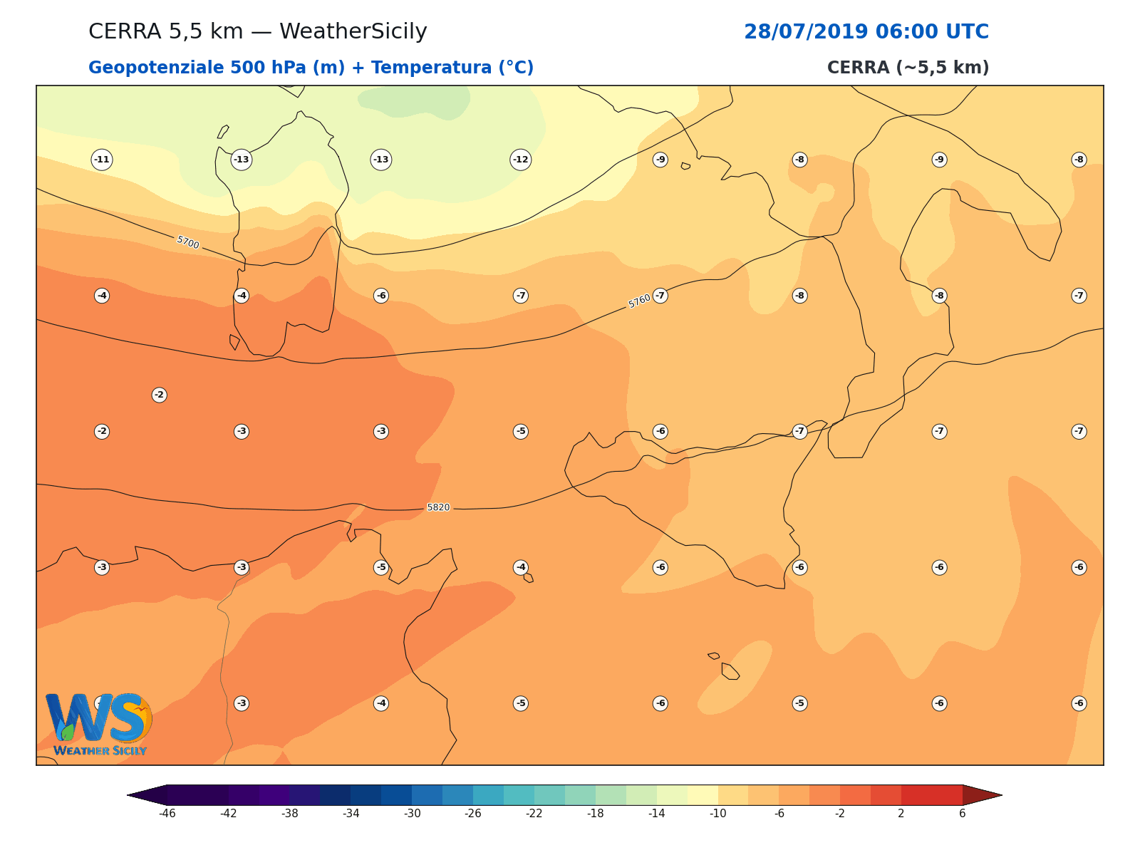 Geopotenziale 500 hPa + Temperatura · 2019072806
