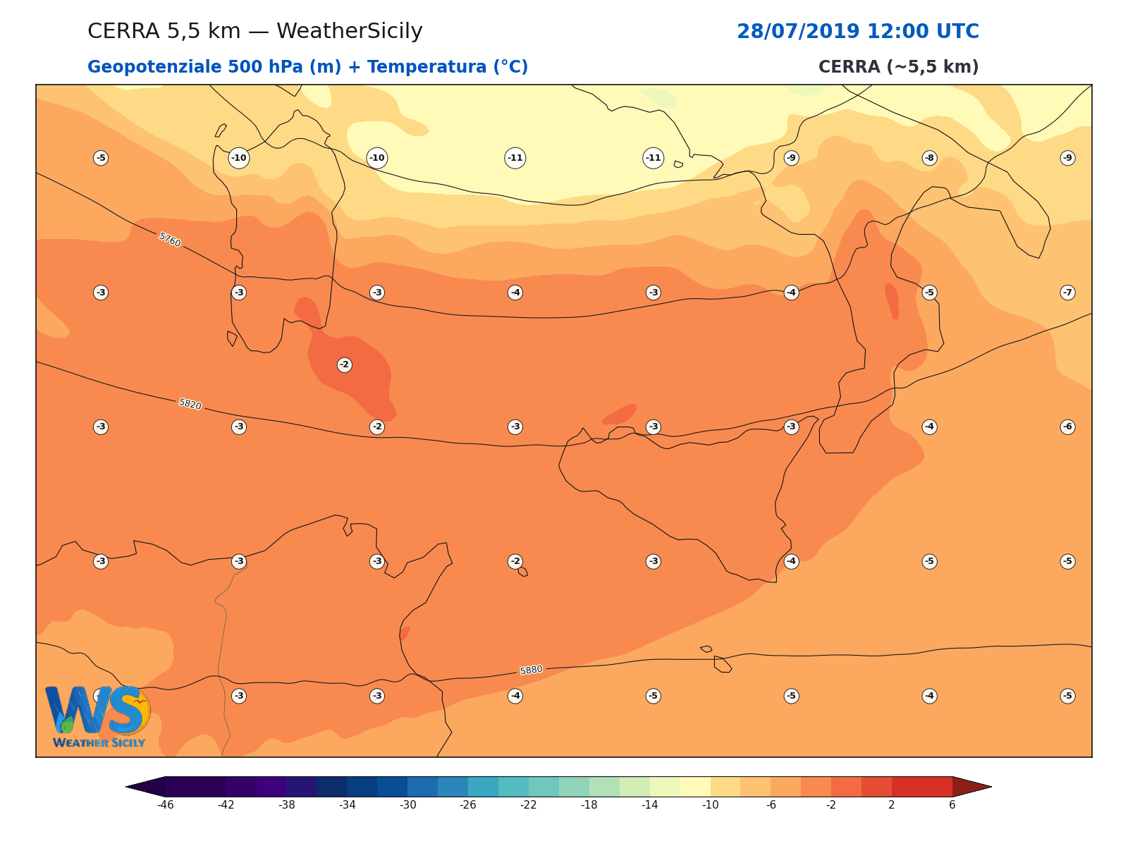 Geopotenziale 500 hPa + Temperatura · 2019072812