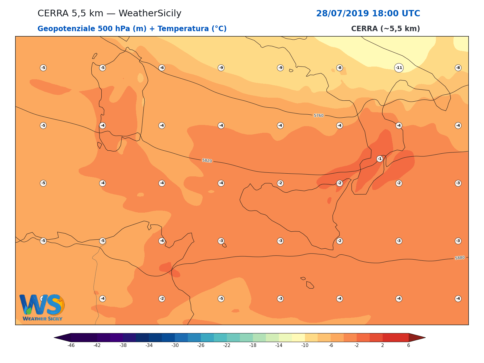 Geopotenziale 500 hPa + Temperatura · 2019072818