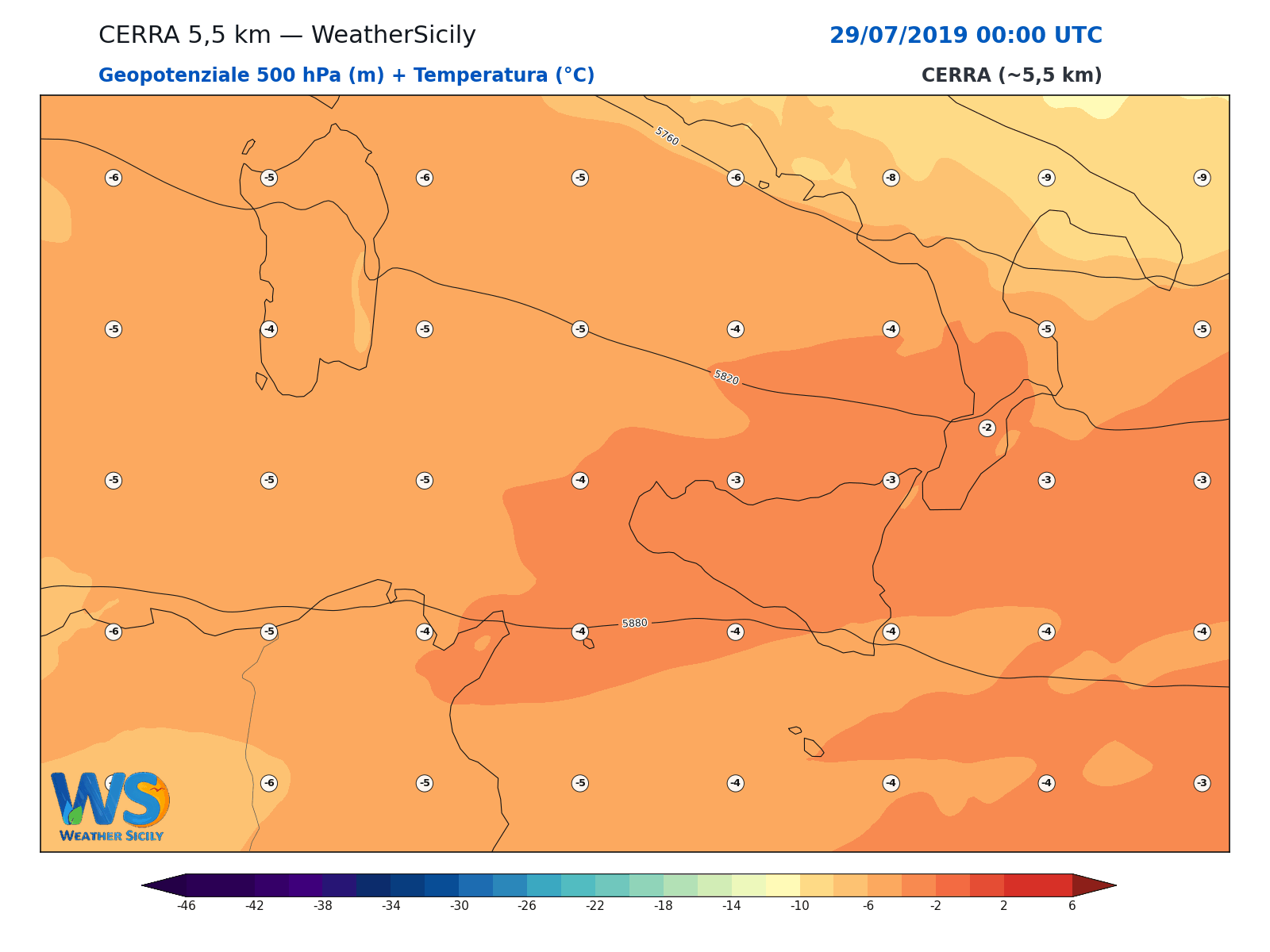 Geopotenziale 500 hPa + Temperatura · 2019072900