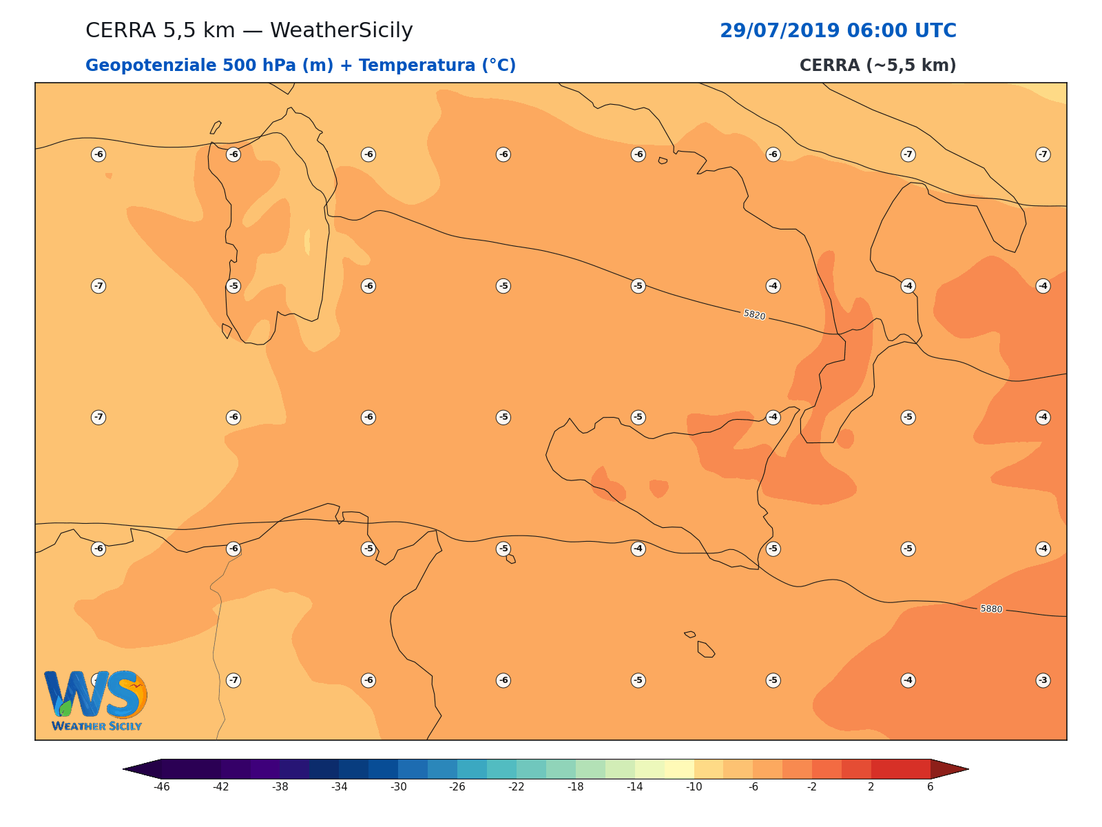 Geopotenziale 500 hPa + Temperatura · 2019072906