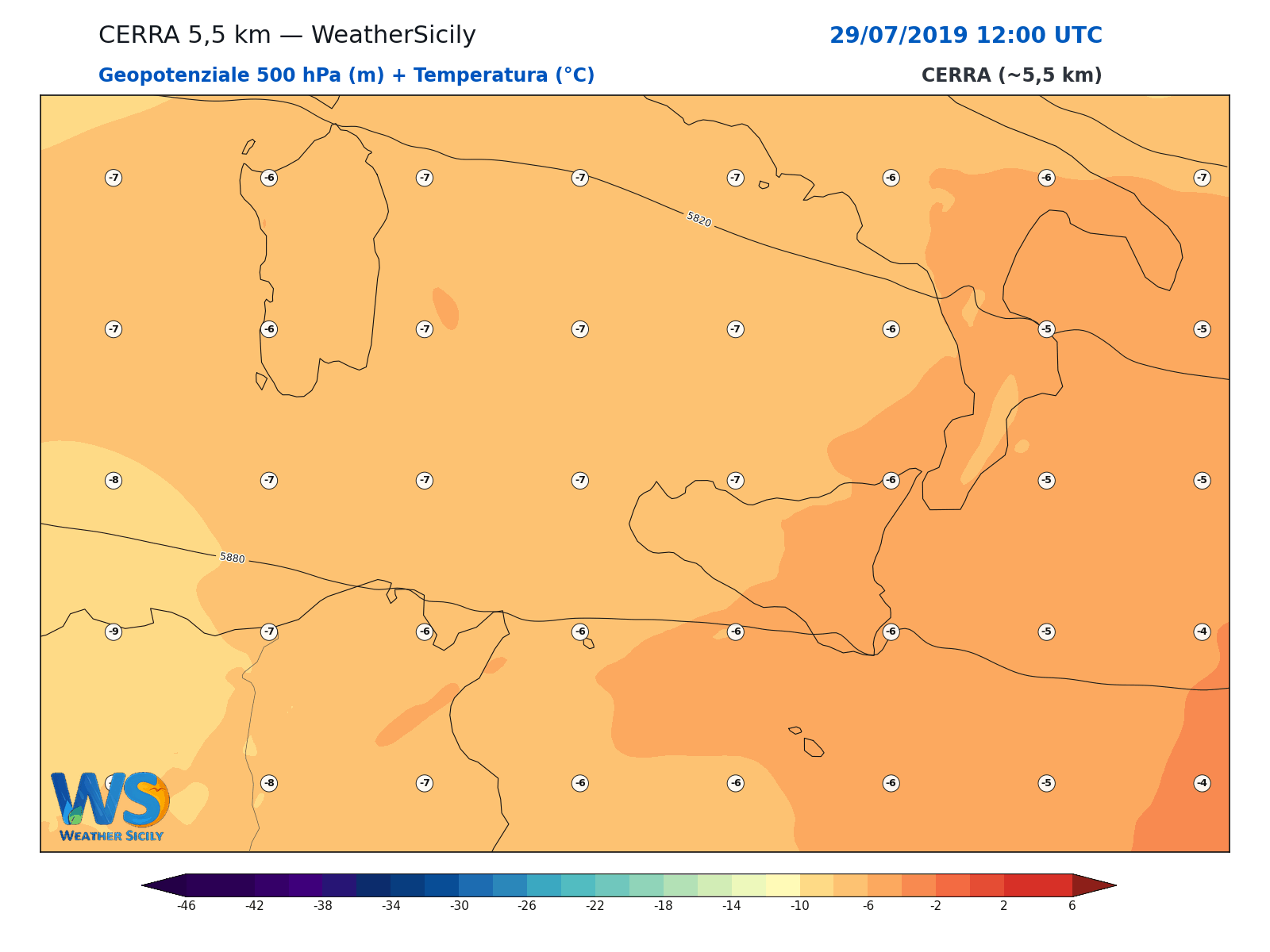 Geopotenziale 500 hPa + Temperatura · 2019072912